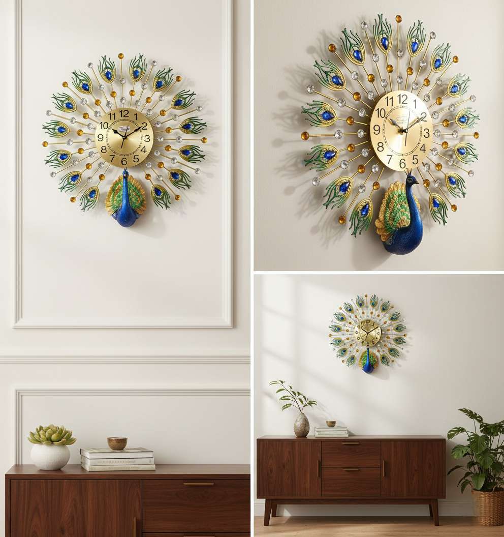Decorative wall clock with peacock design in three different settings.