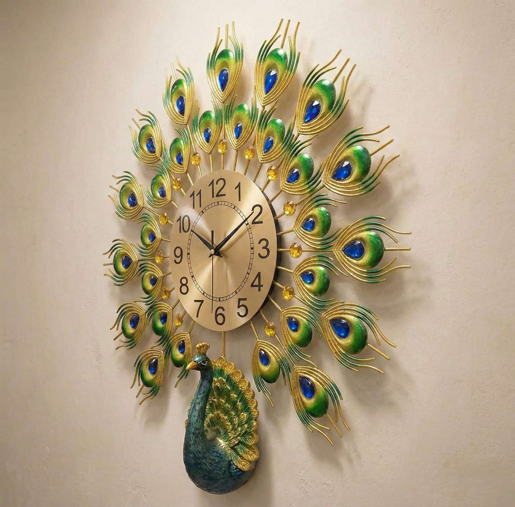 Decorative wall clock with peacock design on a beige wall