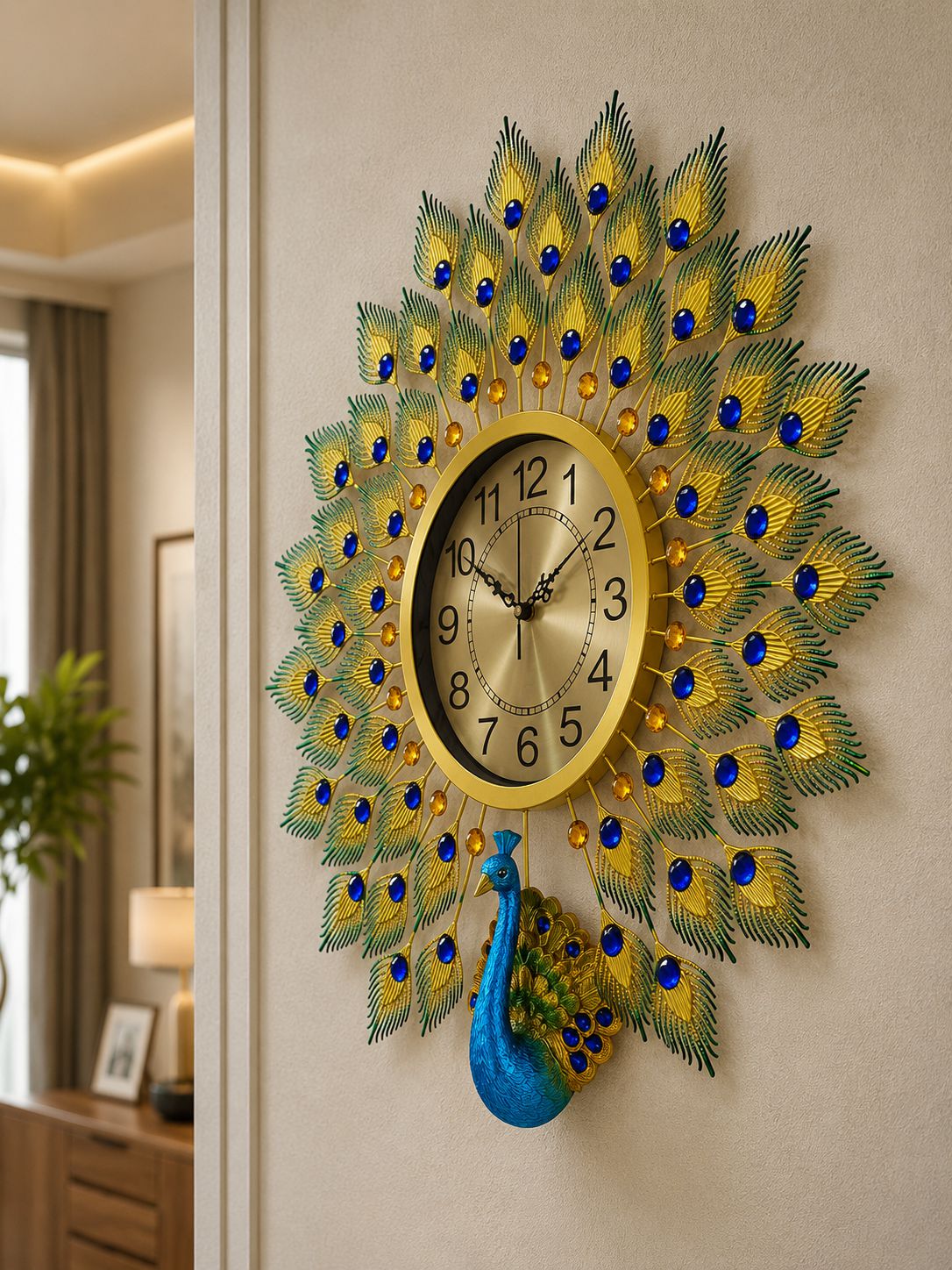 Decorative wall clock with peacock design on a wall