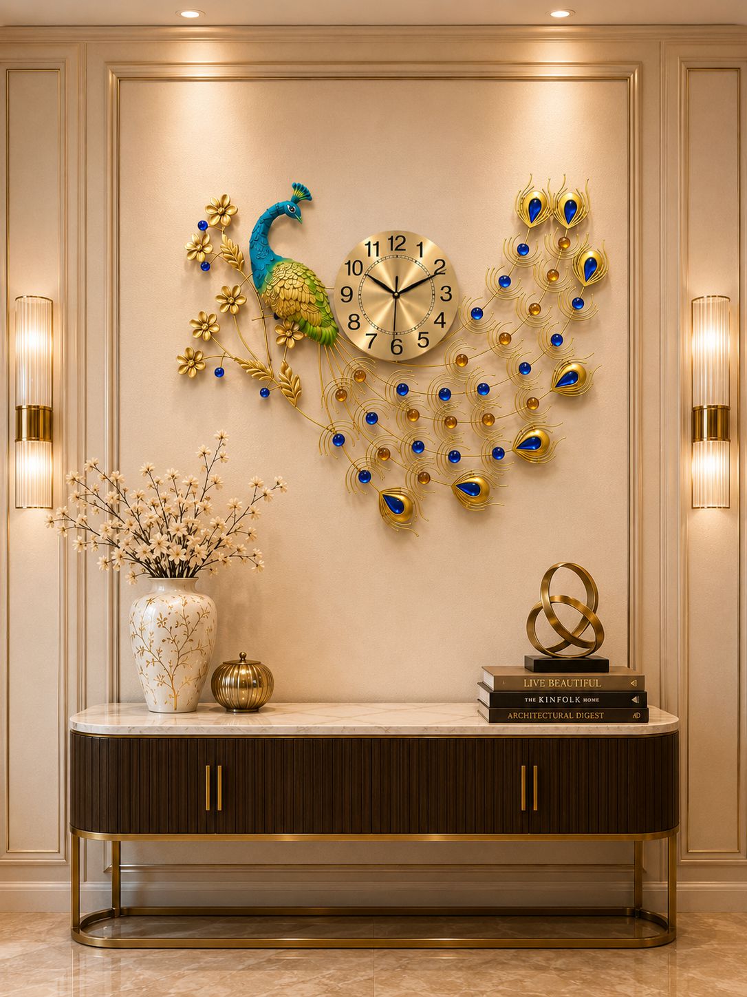 Decorative wall clock with peacock design on a wall in a stylish interior setting.