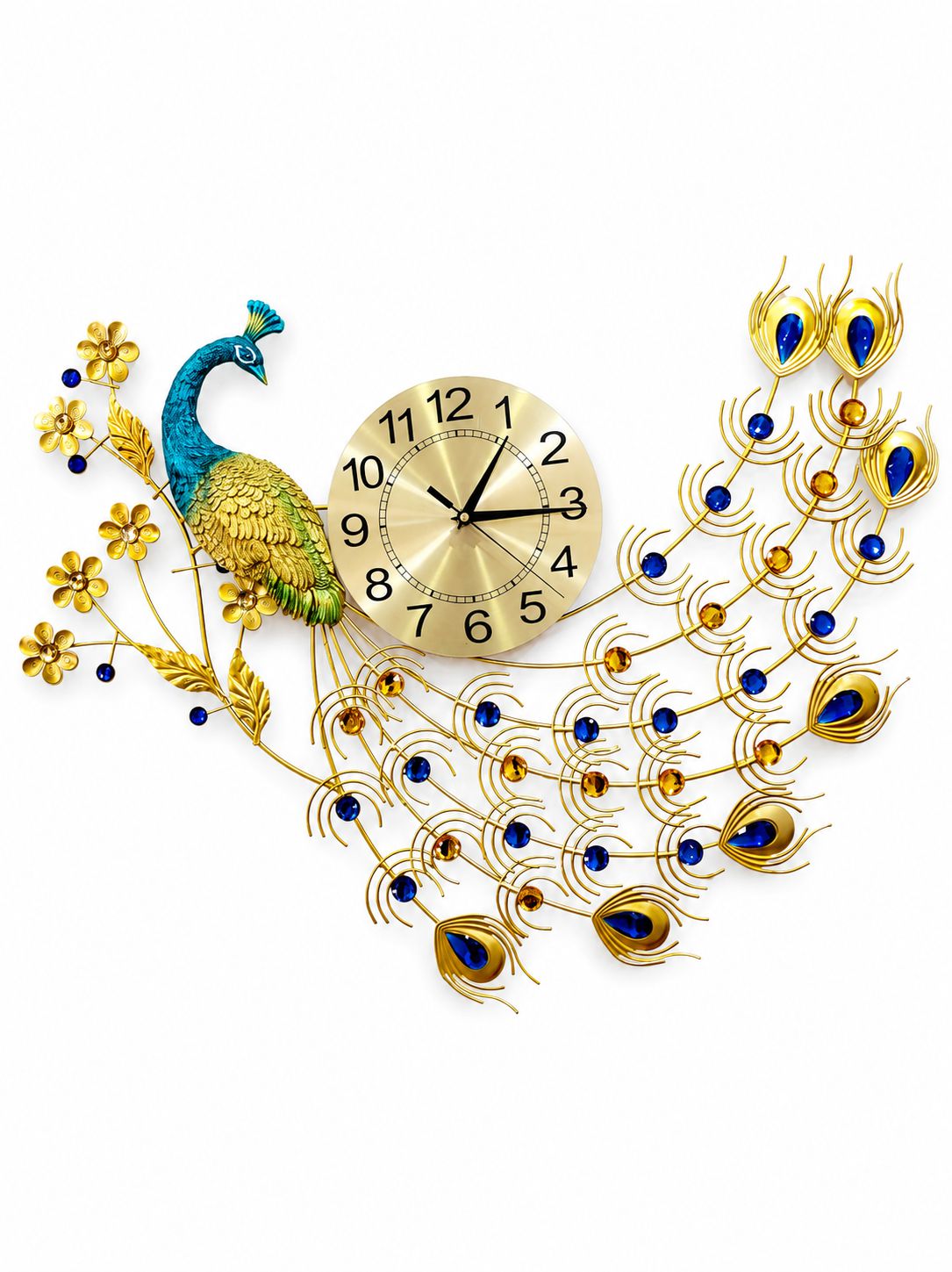 Decorative wall clock with peacock design on a white background