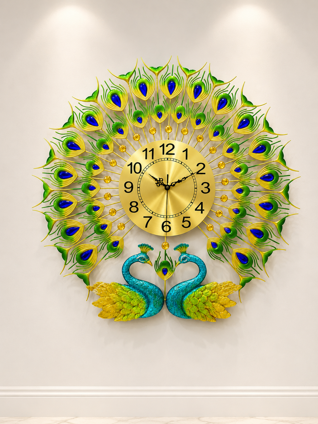 Decorative wall clock with peacock design on a white wall