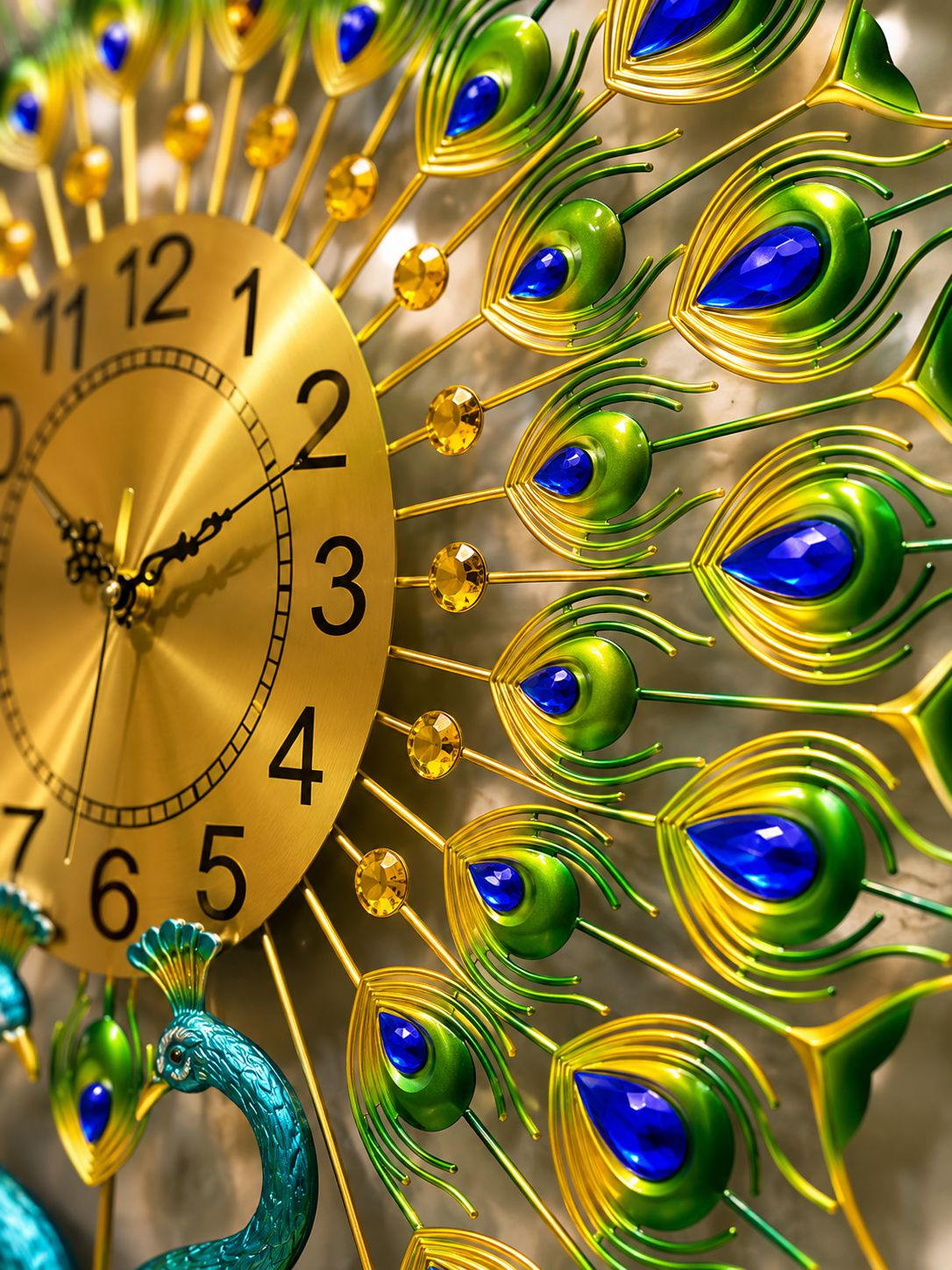 Decorative wall clock with peacock feather design