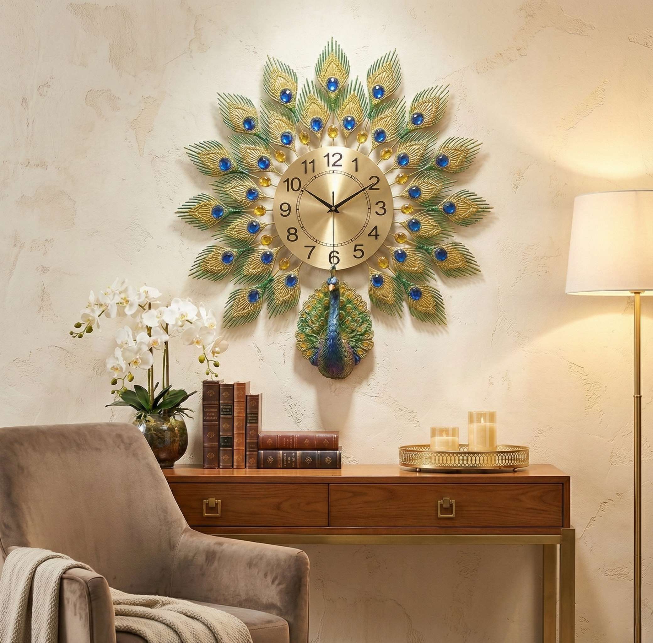 Decorative wall clock with peacock feather design in a living room setting.