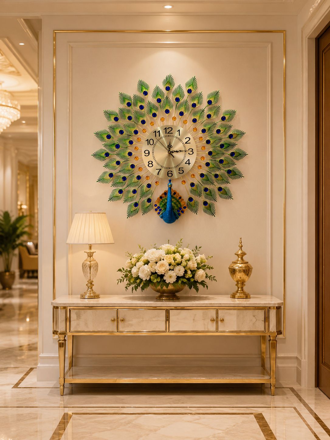 Decorative wall clock with peacock feather design in a stylish interior setting.