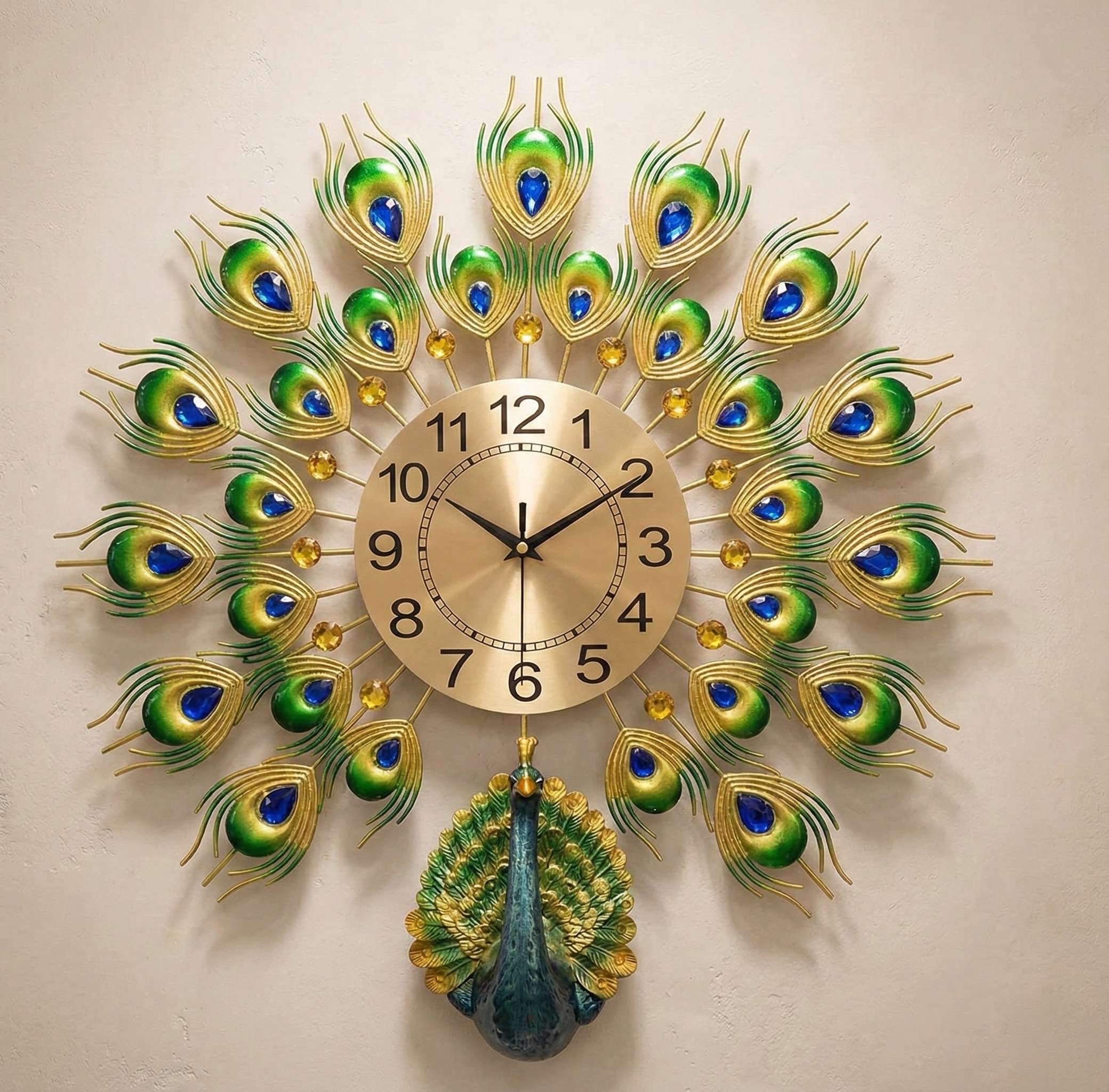 Decorative wall clock with peacock feather design on a beige wall