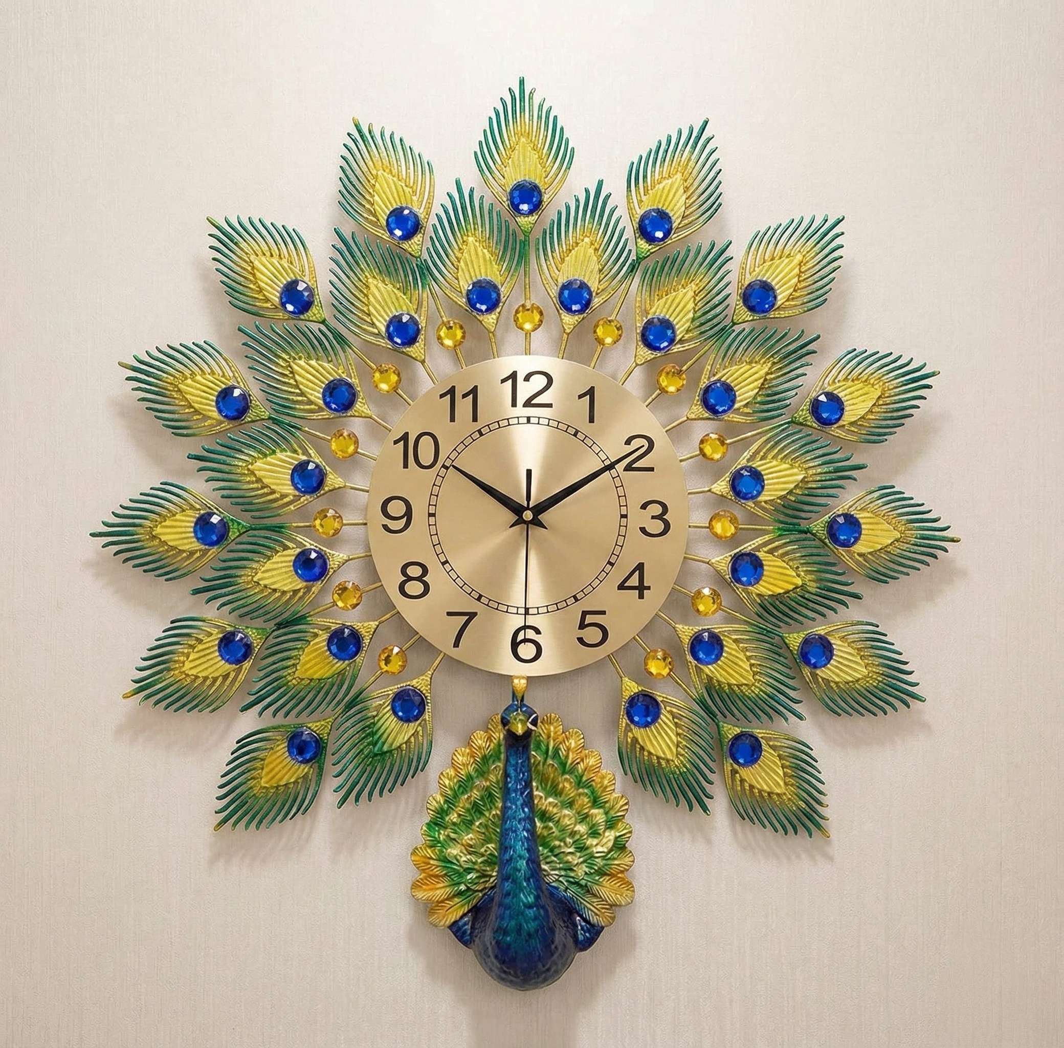 Decorative wall clock with peacock feather design on a plain background