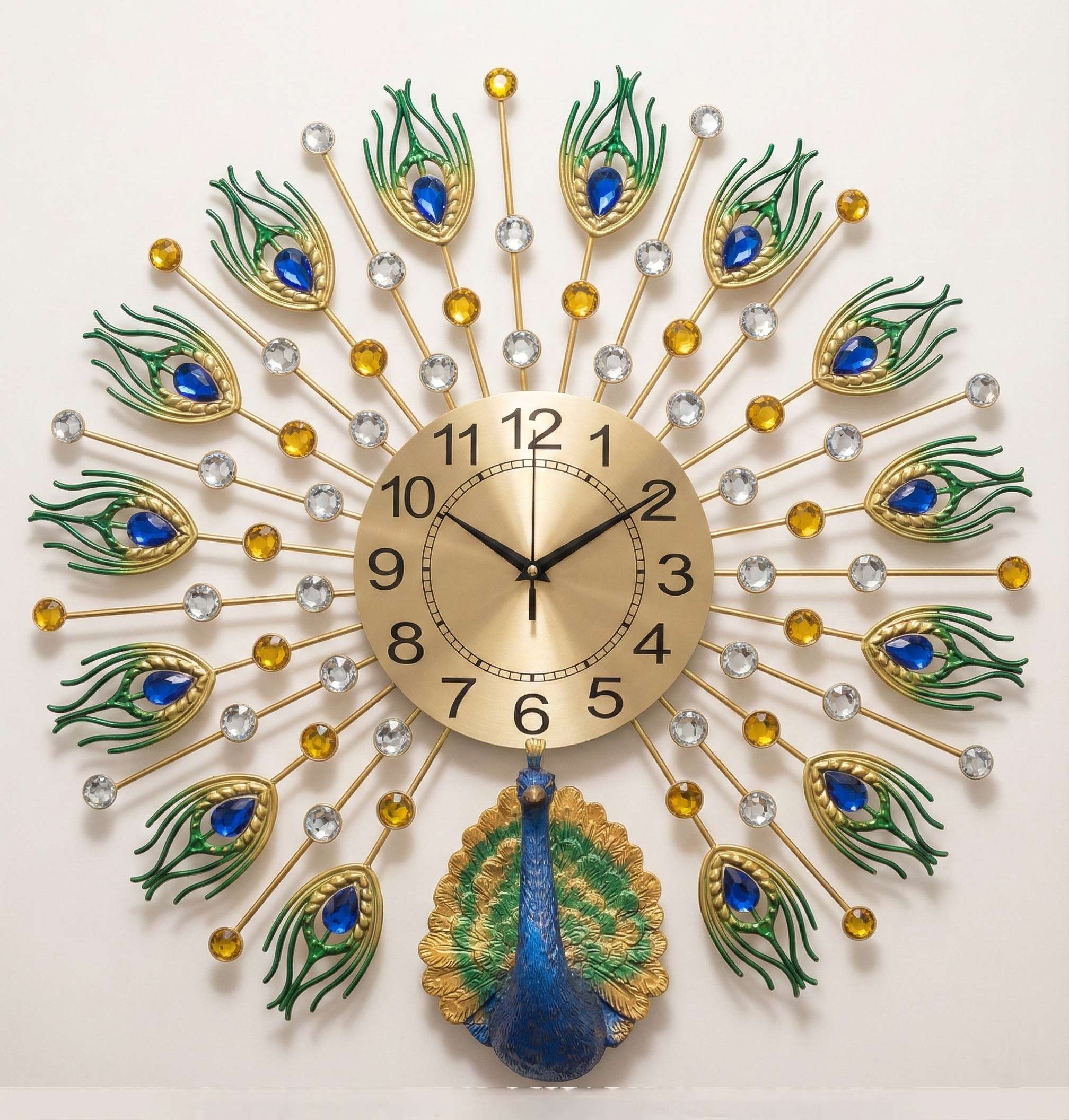Decorative wall clock with peacock feather design on a white background