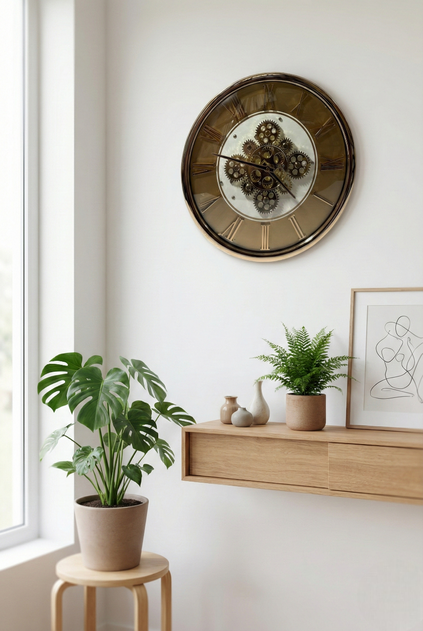 Decorative wall clock with plants and a wooden shelf in a room.