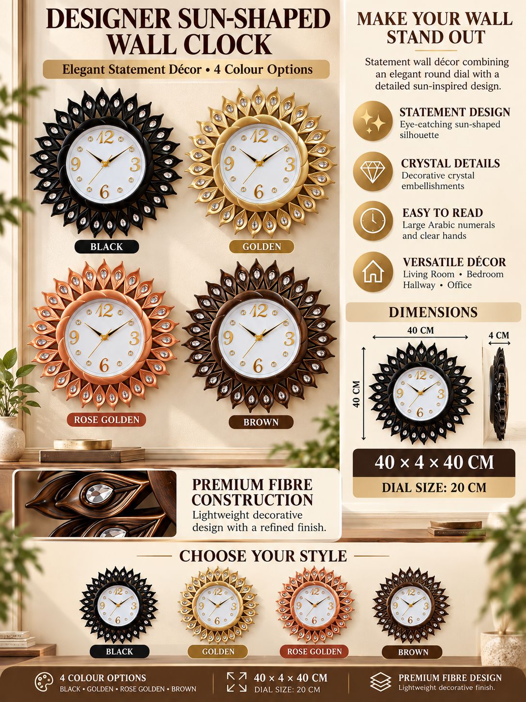 FunkyTradition Sun-Shaped Designer Wall Clock – Gold Decorative Clock with Crystal Details | Black, Golden, Rose Golden & Brown