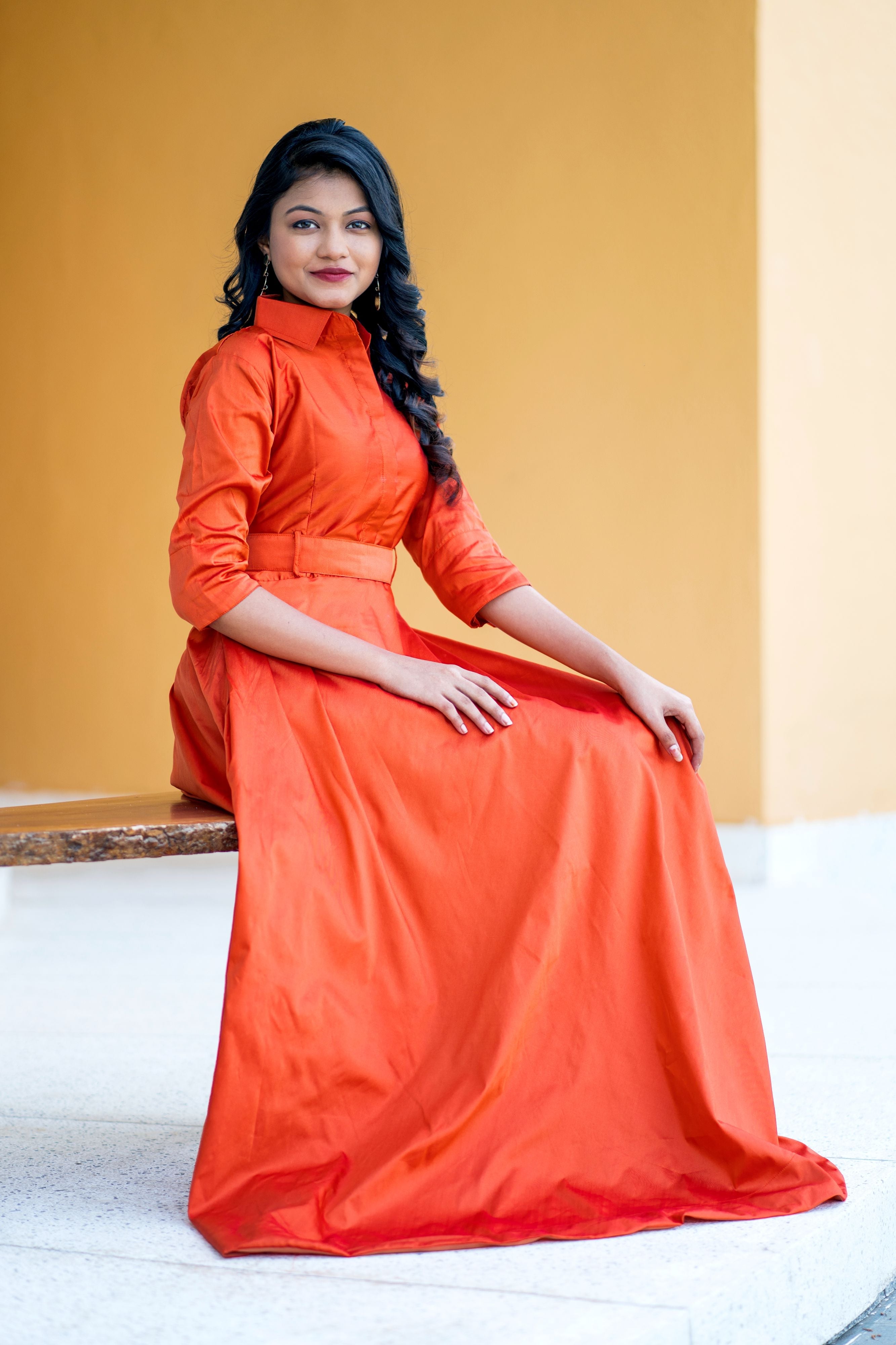 Designer Wear Copper Taffeta Silk Gown With Collar For Party and Office Wear- Adiba Fashion