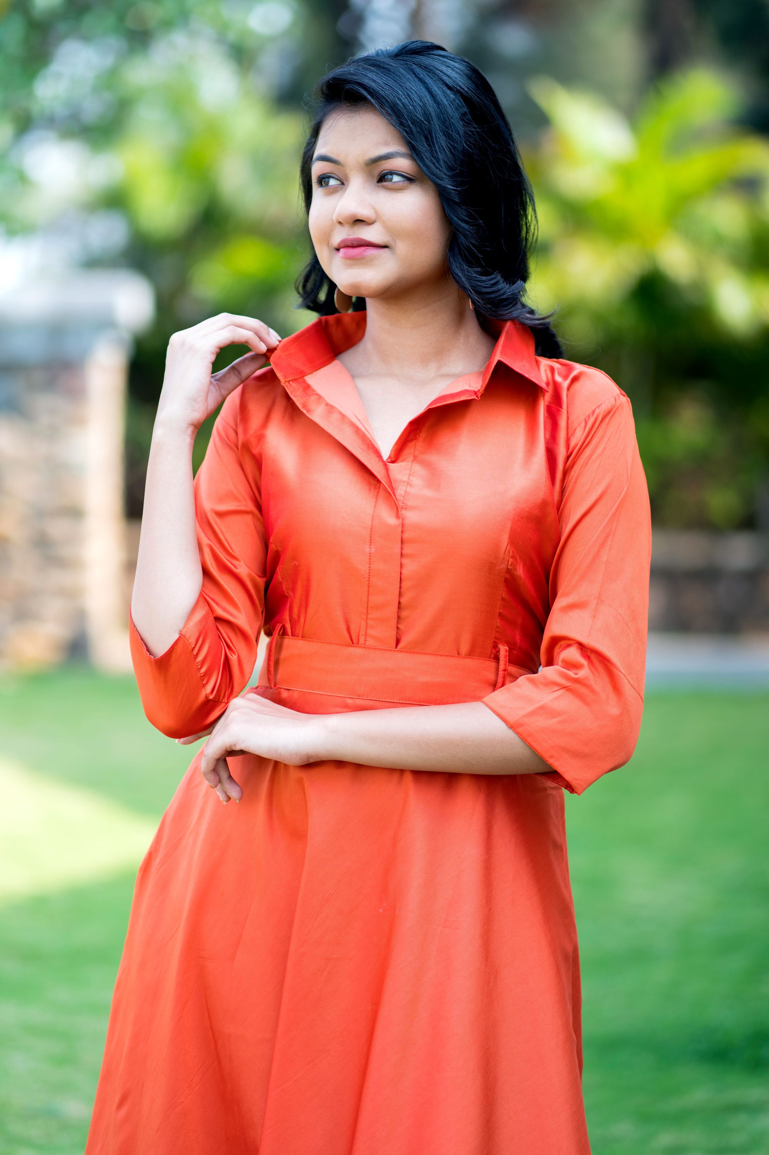 Designer Wear Copper Taffeta Silk Gown With Collar For Party and Office Wear- Adiba Fashion