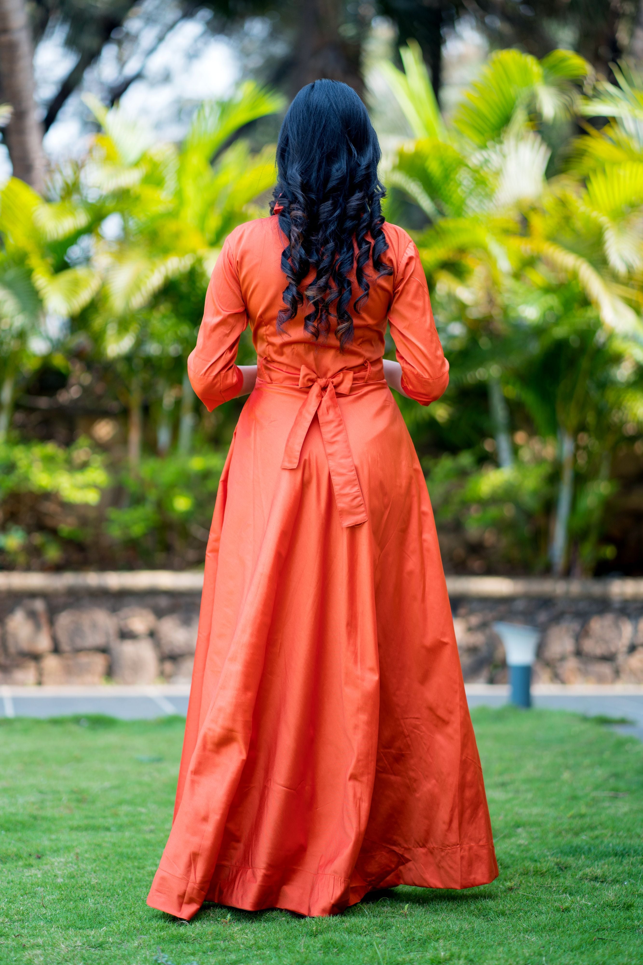 Designer Wear Copper Taffeta Silk Gown With Collar For Party and Office Wear- Adiba Fashion