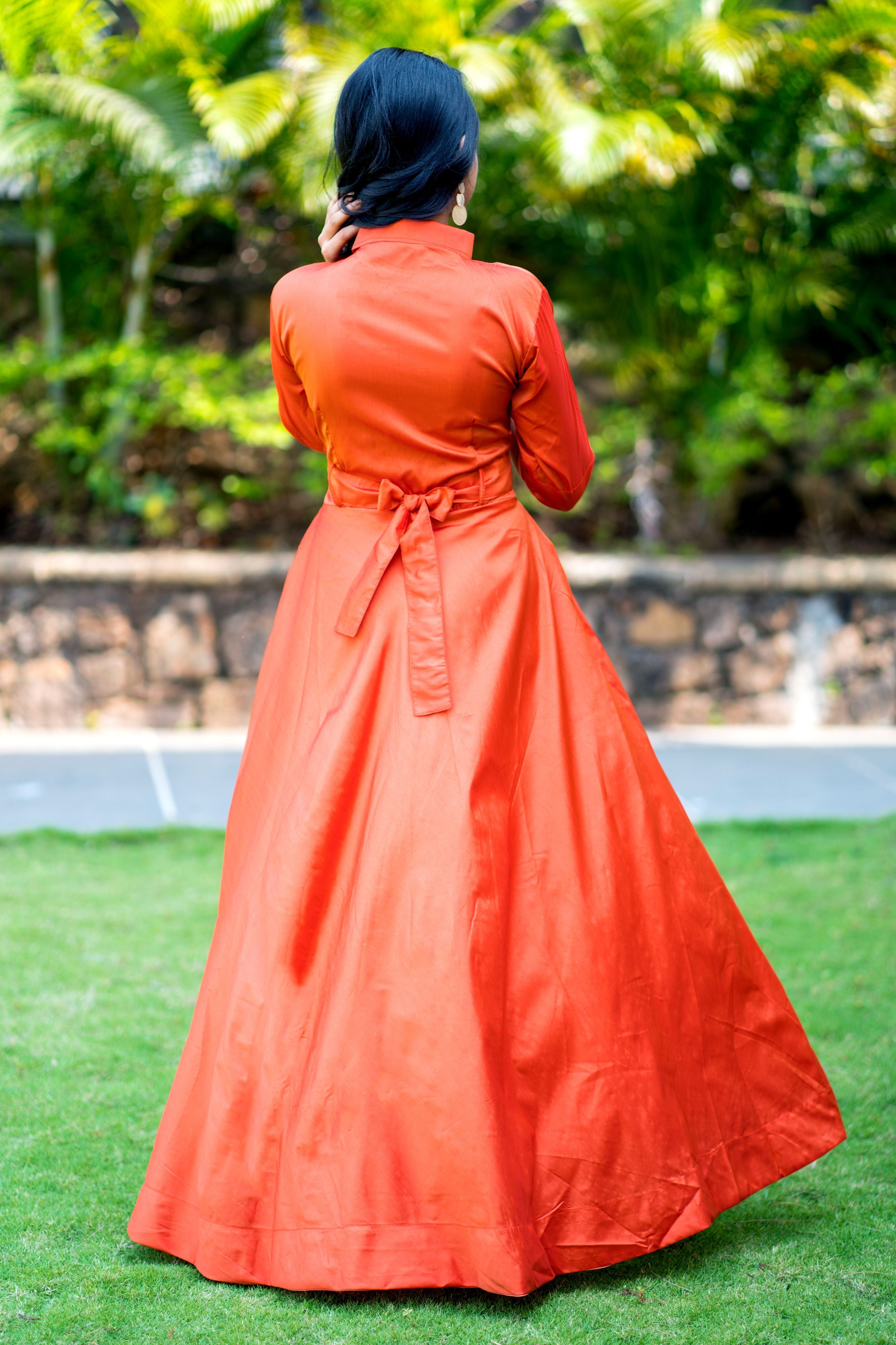 Designer Wear Copper Taffeta Silk Gown With Collar For Party and Office Wear- Adiba Fashion