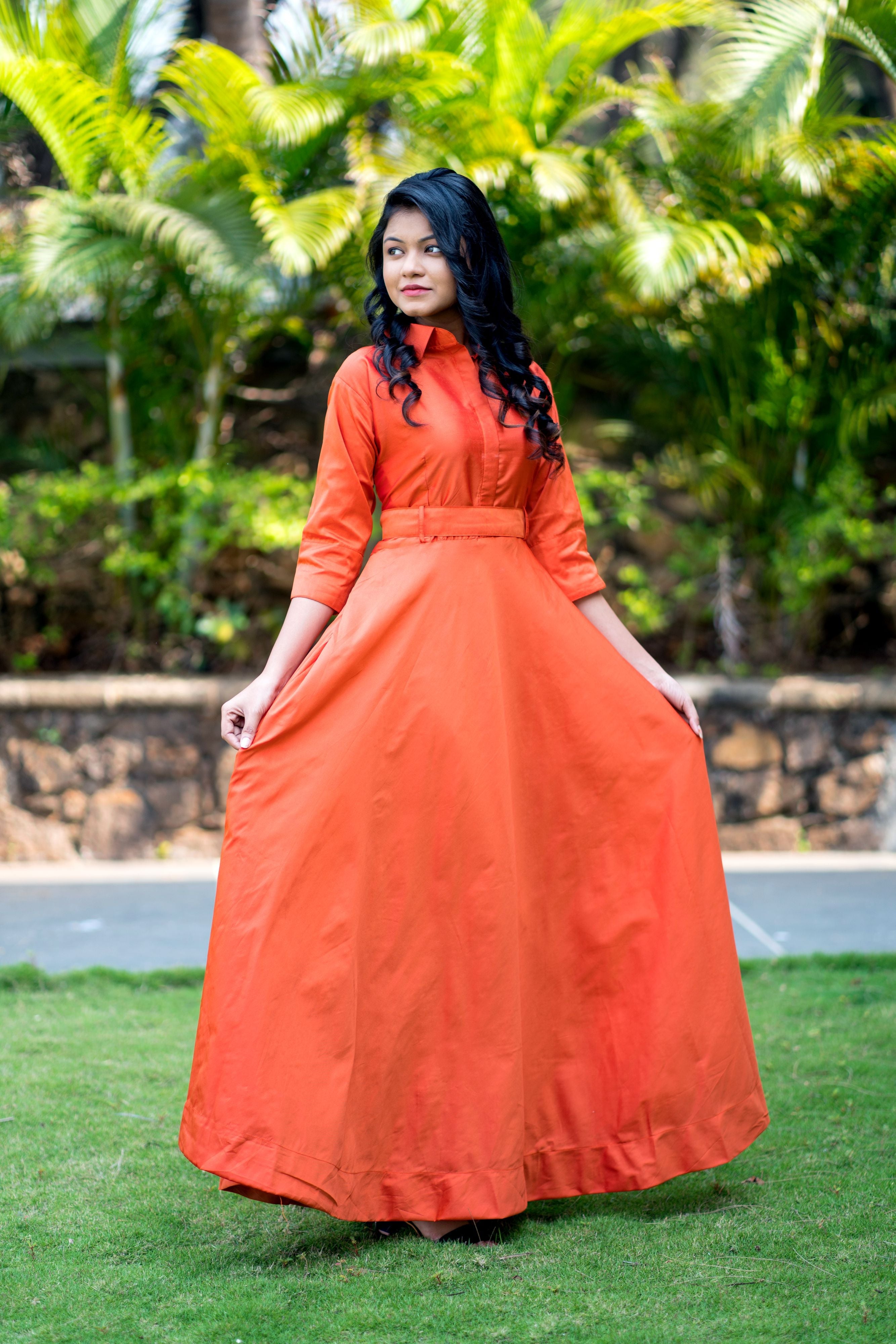 Designer Wear Copper Taffeta Silk Gown With Collar For Party and Office Wear- Adiba Fashion