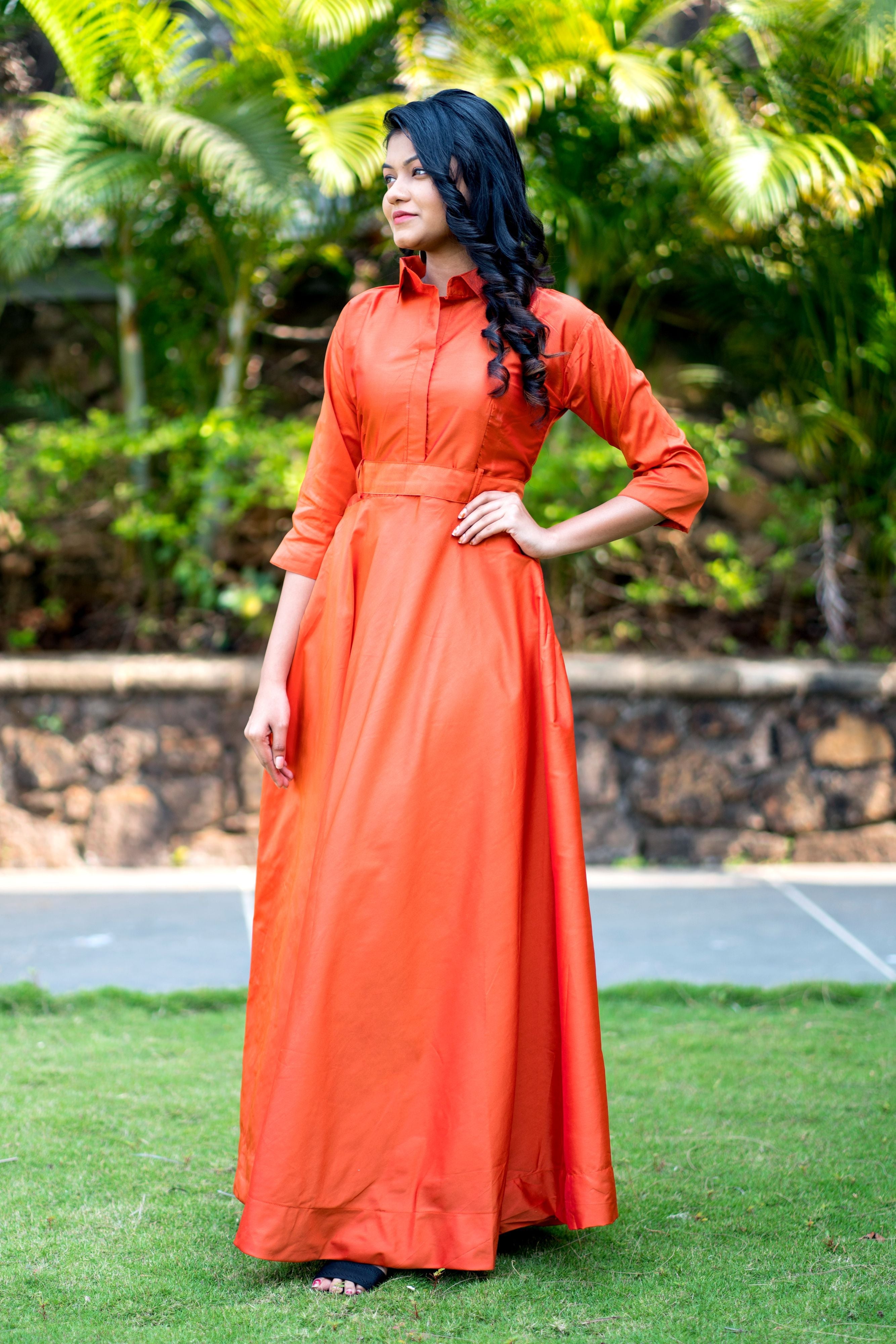 Designer Wear Copper Taffeta Silk Gown With Collar For Party and Office Wear- Adiba Fashion