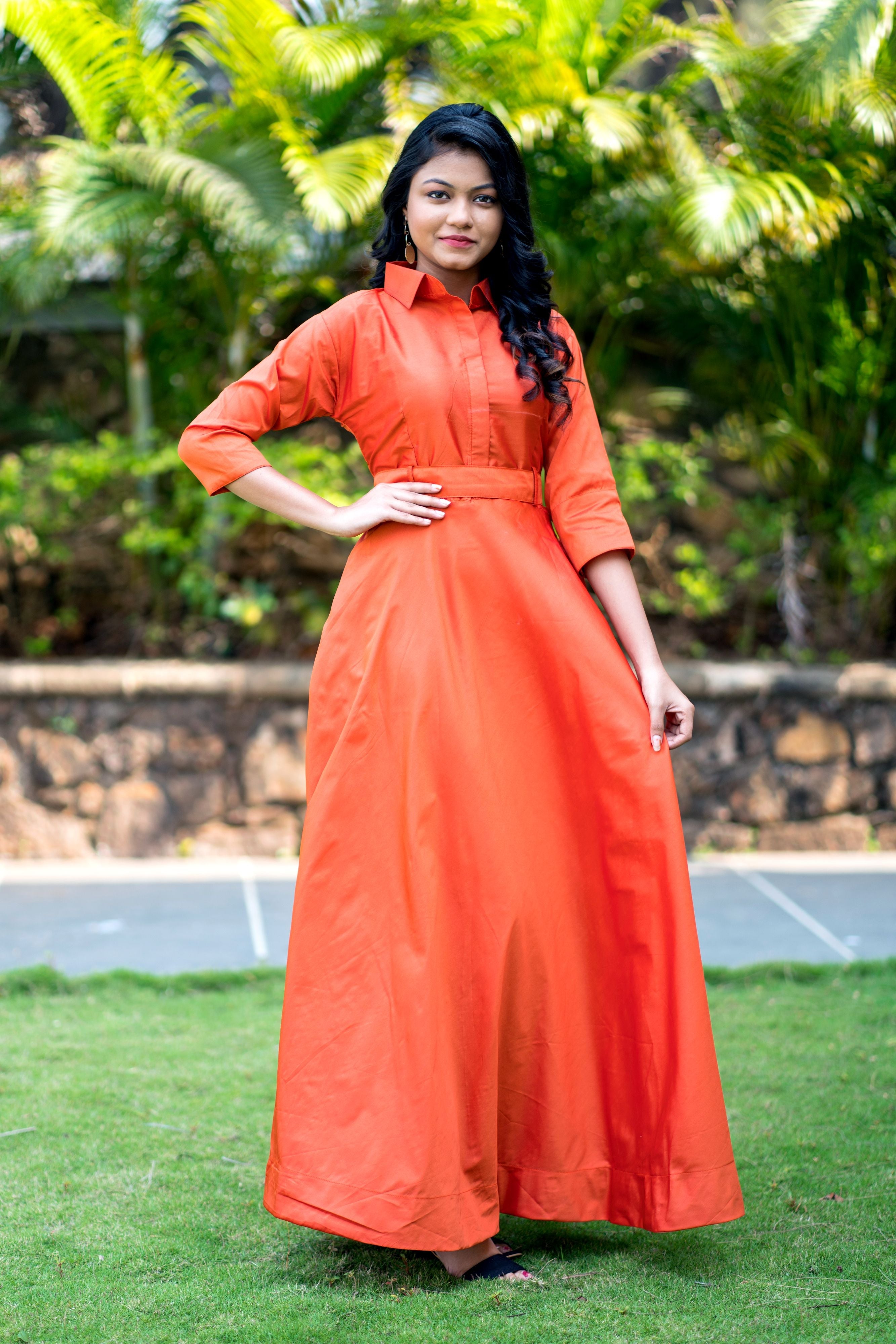 Designer Wear Copper Taffeta Silk Gown With Collar For Party and Office Wear- Adiba Fashion