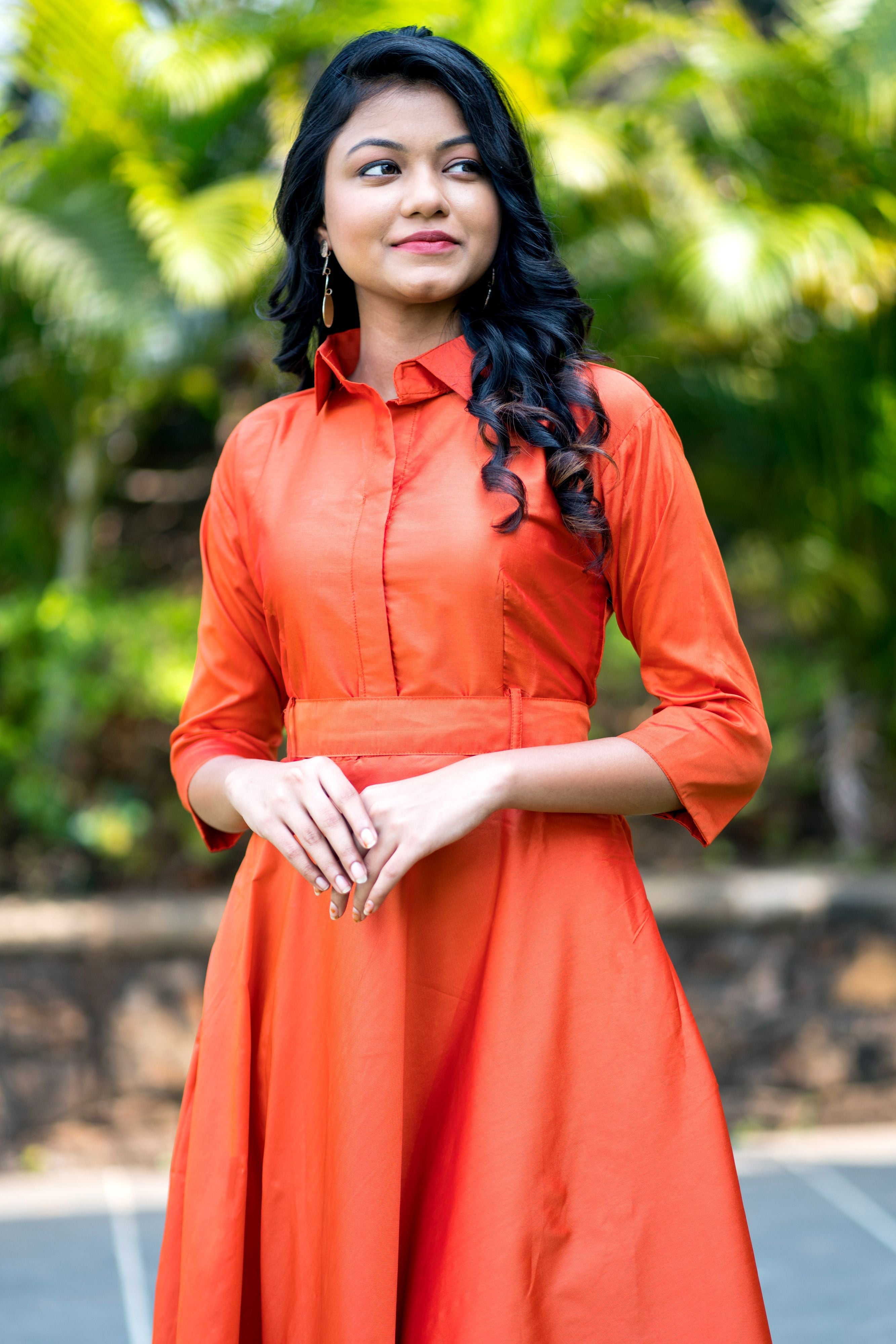 Designer Wear Copper Taffeta Silk Gown With Collar For Party and Office Wear- Adiba Fashion