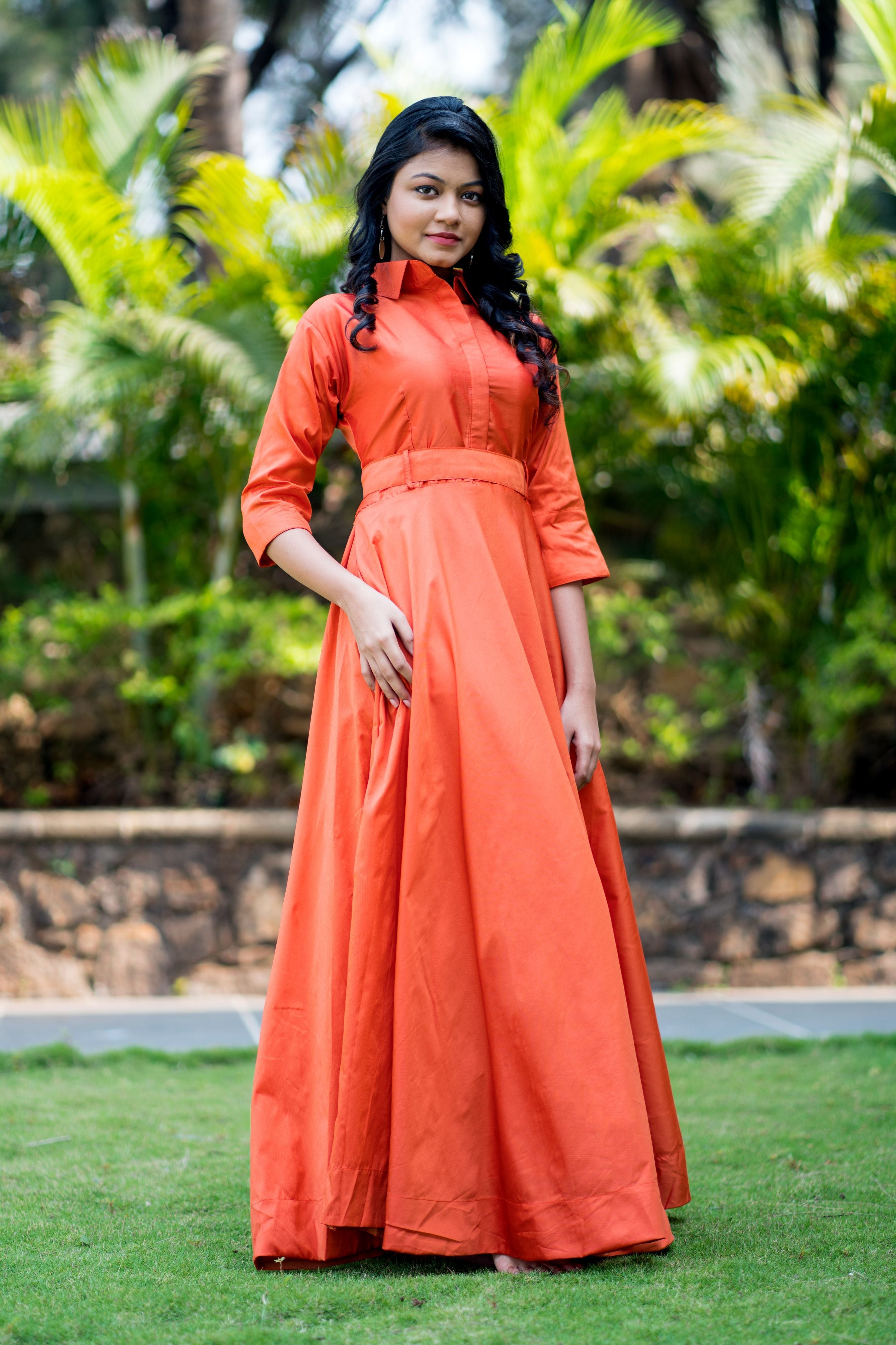 Designer Wear Copper Taffeta Silk Gown With Collar For Party and Office Wear- Adiba Fashion