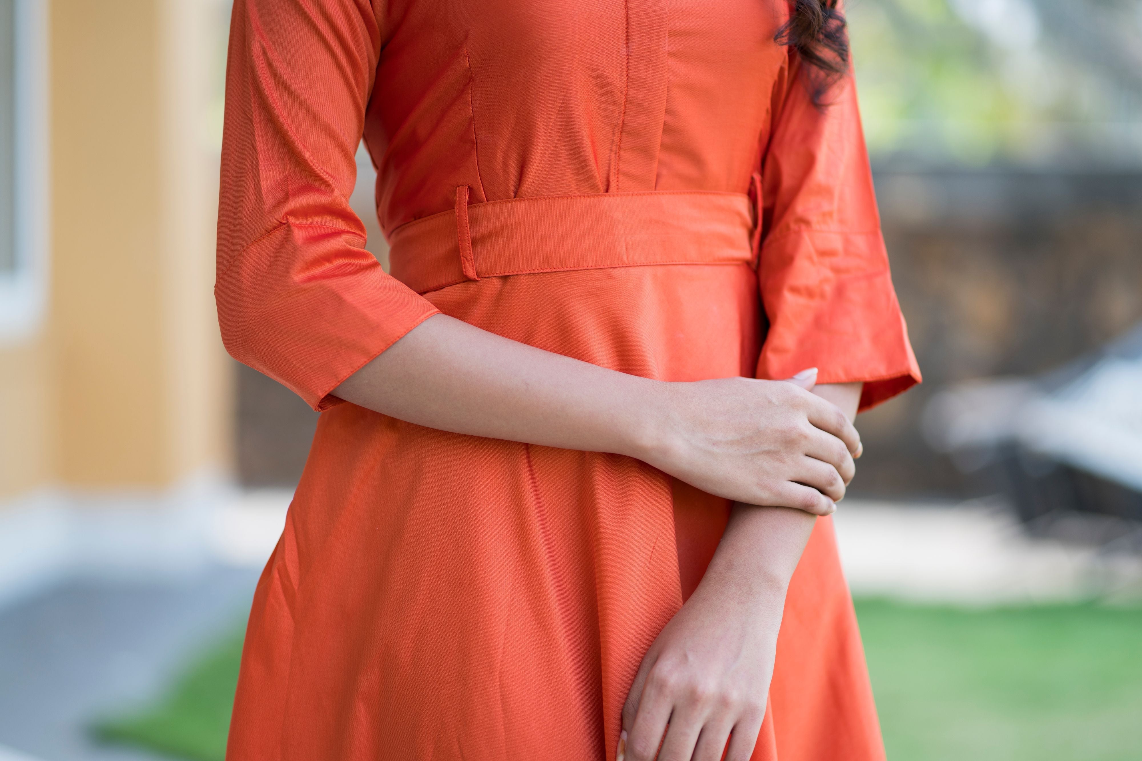 Designer Wear Copper Taffeta Silk Gown With Collar For Party and Office Wear- Adiba Fashion