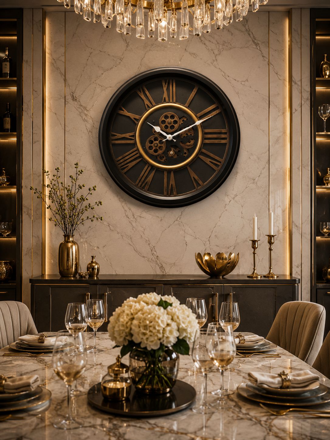 Designer Black Metal Wall Clock Installed in Luxury Dining Room Interior