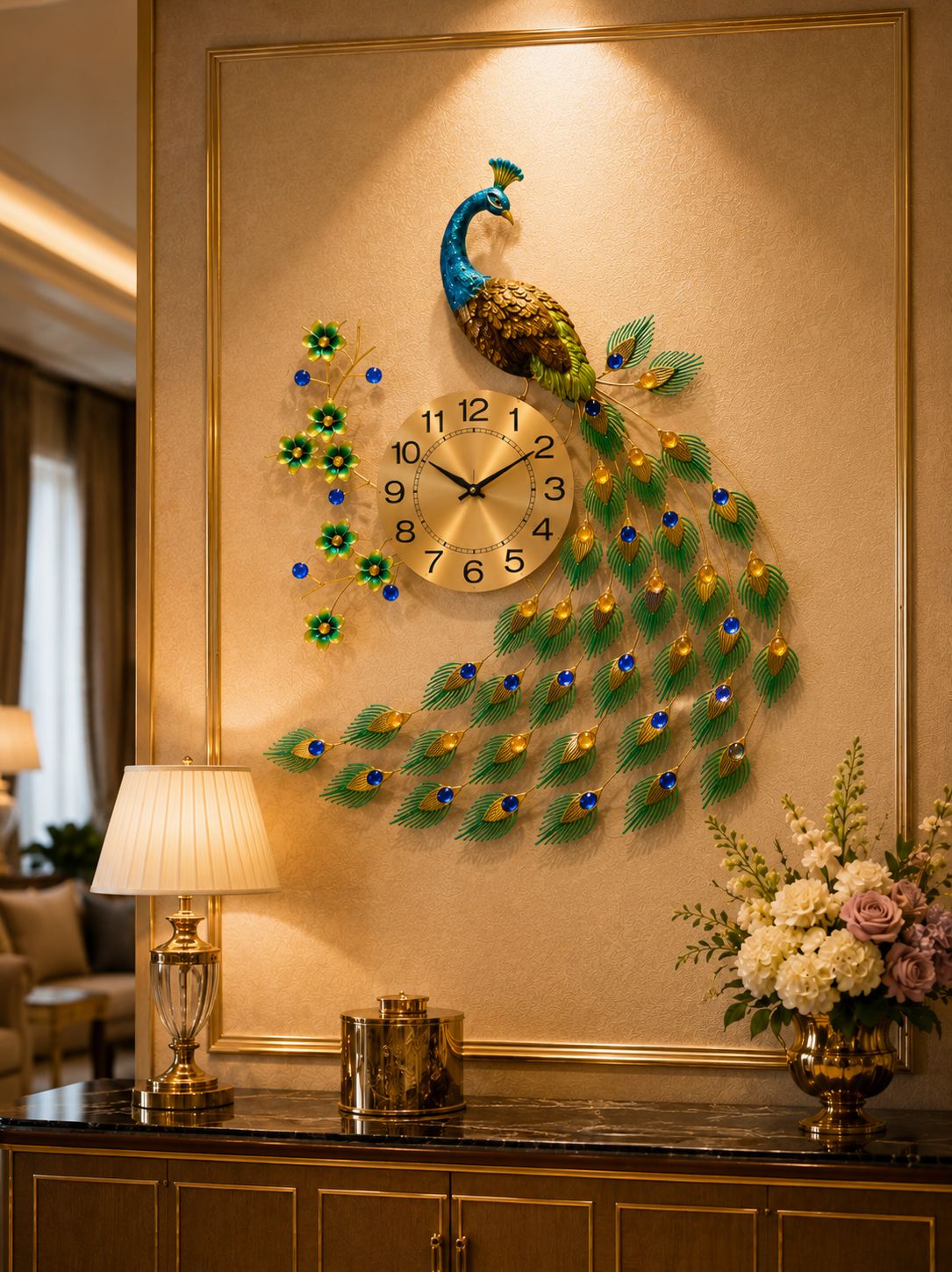 Designer peacock wall clock mounted above luxury console table in elegant living room