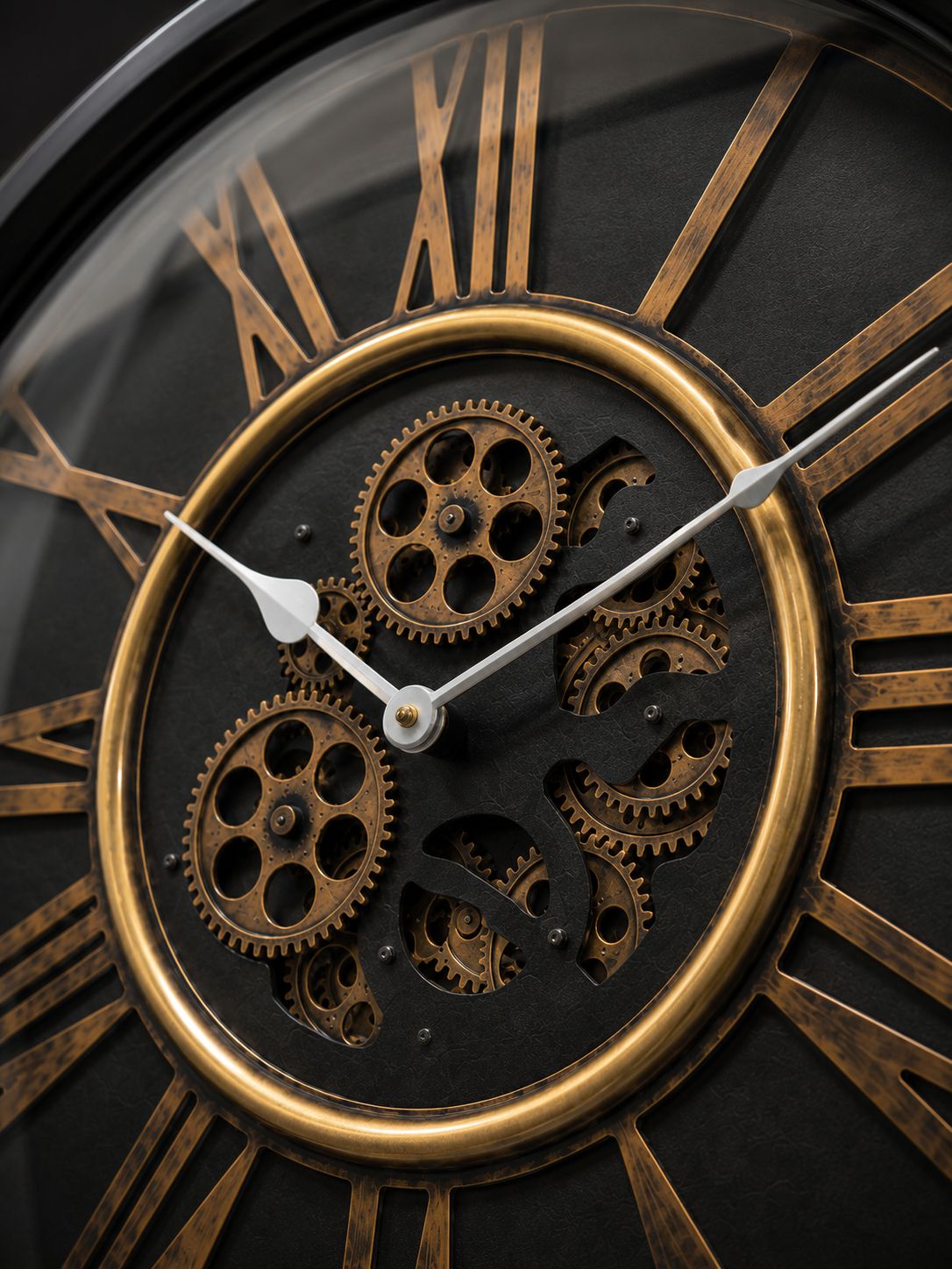 Detailed View of Antique Gold Moving Gear Mechanism and Roman Numerals