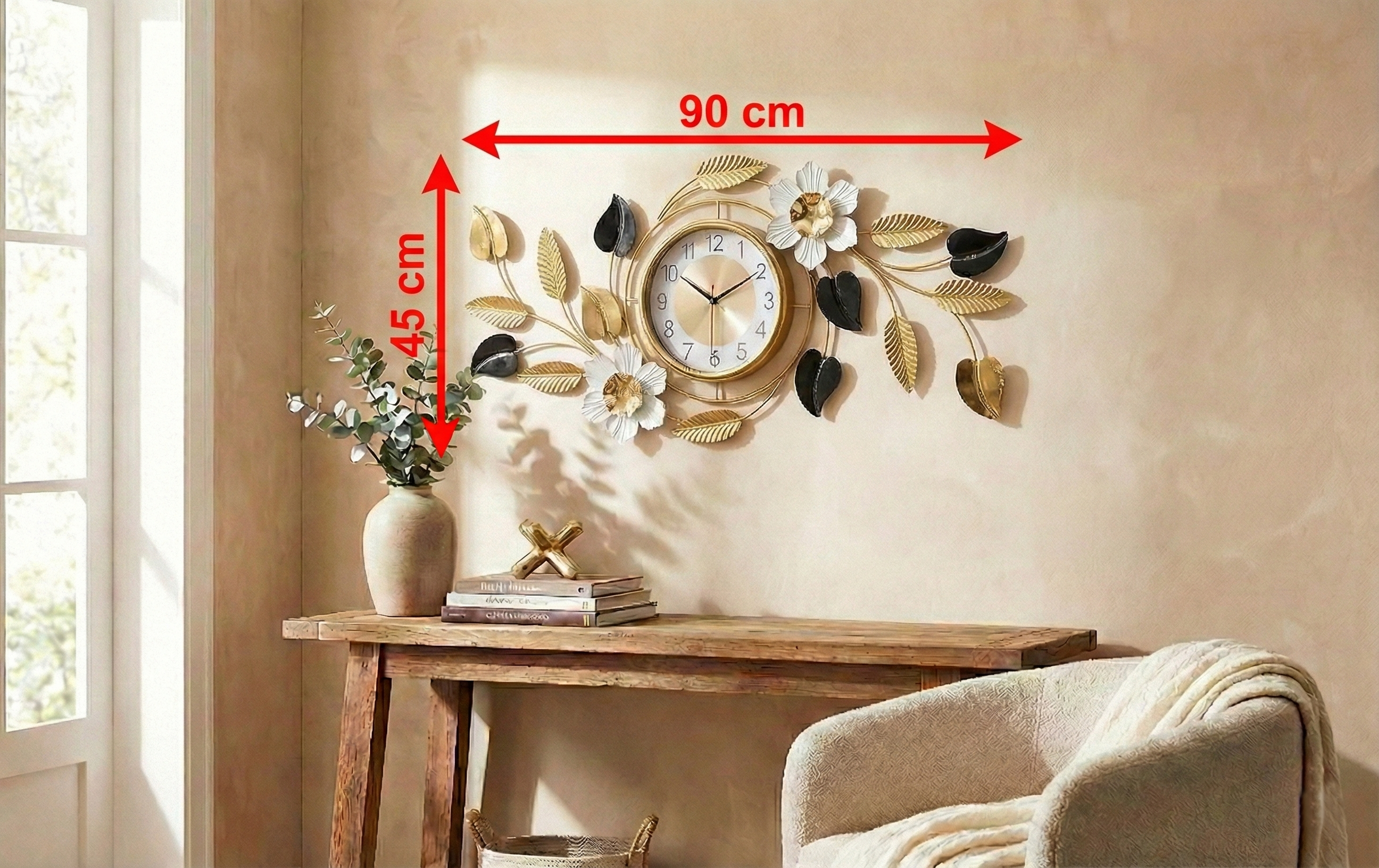 Dimension diagram showing 90cm width and 45cm height of the metal wall clock