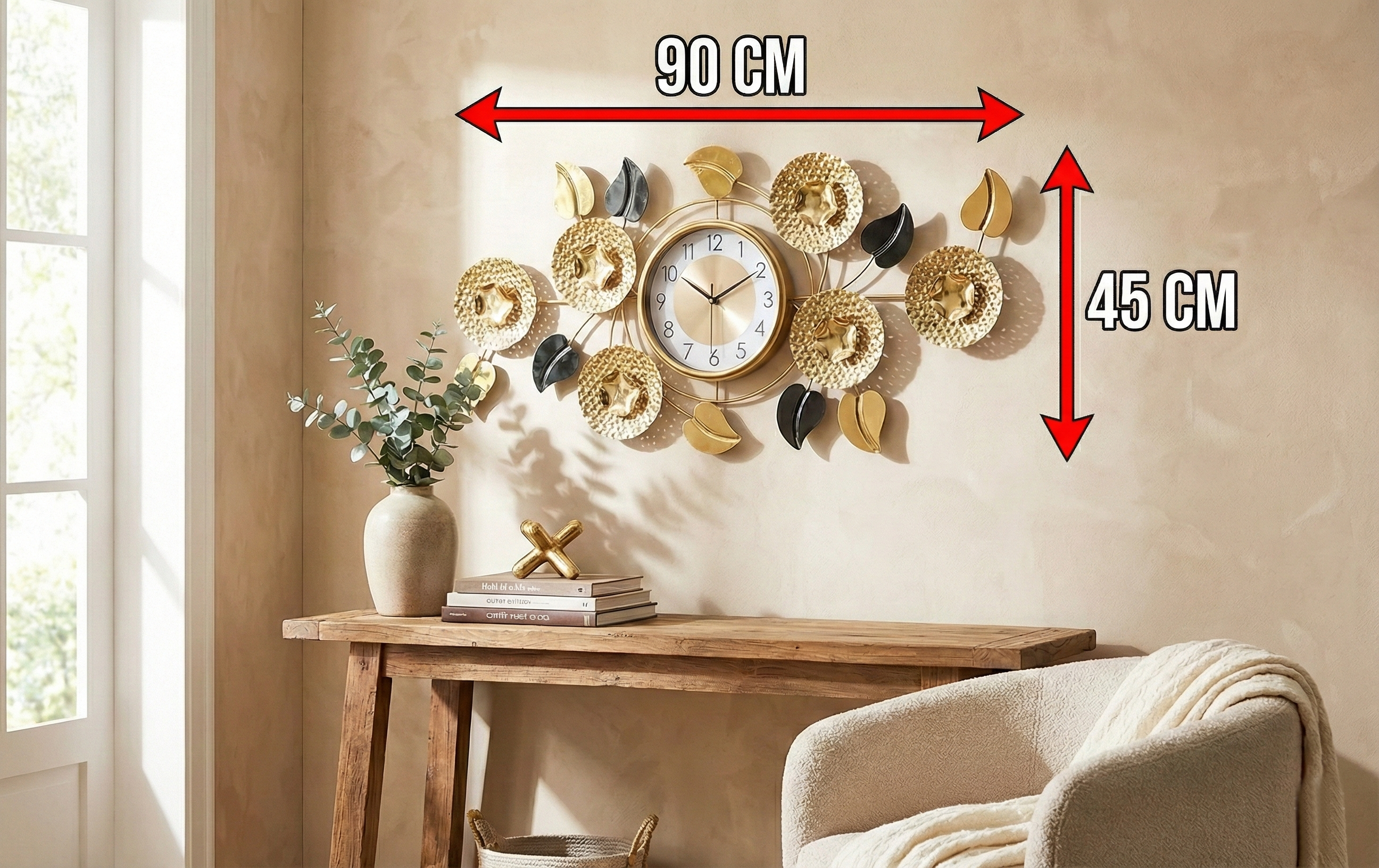 Dimensions diagram of the FunkyTradition wall clock with red arrows indicating a width of 90 CM and a height of 45 CM.