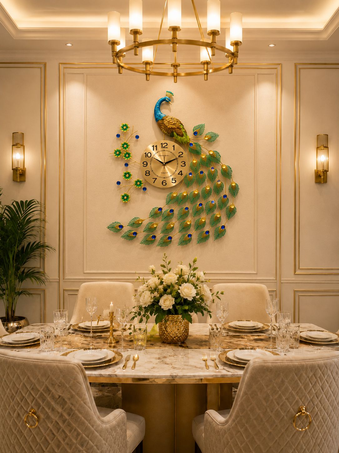 Dining room with a peacock-themed wall clock, table setting, and chandelier.