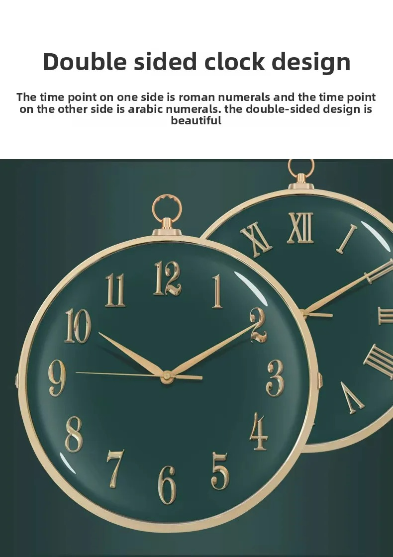 Double-sided clock with Roman numerals on one side and Arabic numerals on the other, set against a dark green background.