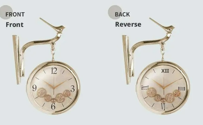 Double sided clock showing front arabic numbers and back roman numerals side by side.