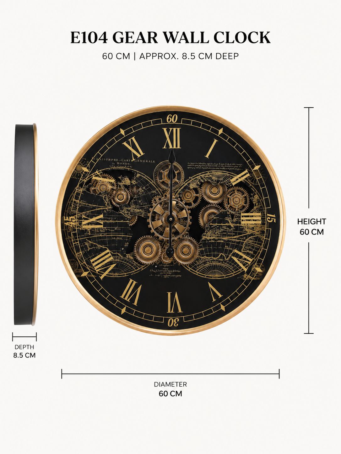 E104 Gear Wall Clock shown with dimension labels indicating a diameter of 60 cm, height of 60 cm, and depth of 8.5 cm on a light gray background.