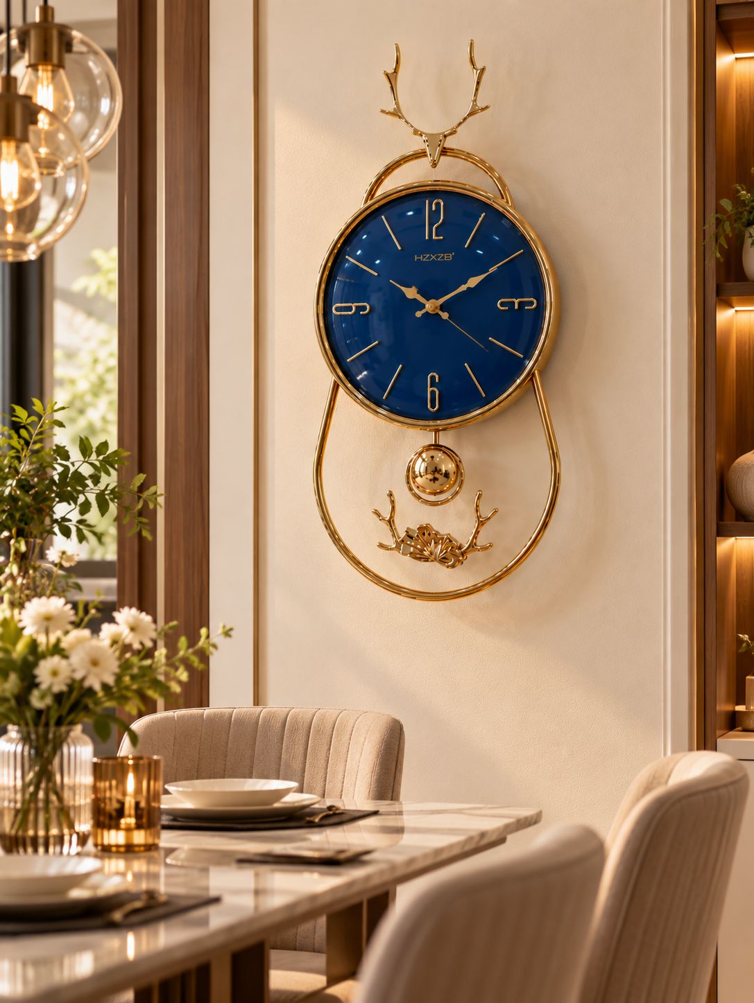 FunkyTradition Reindeer Pendulum Wall Clock – Gold Decorative Wall Clock with Working Pendulum | White, Blue & Green