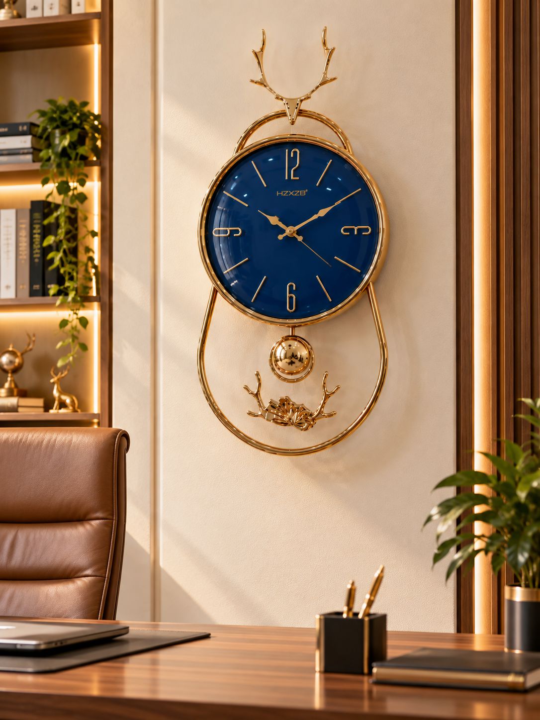 FunkyTradition Reindeer Pendulum Wall Clock – Gold Decorative Wall Clock with Working Pendulum | White, Blue & Green