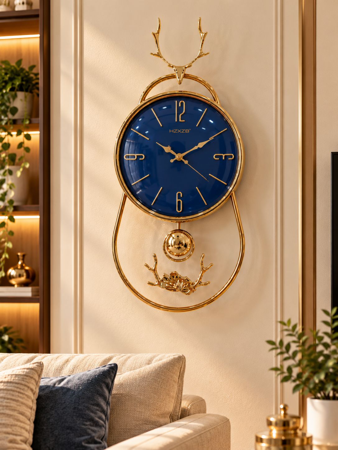 FunkyTradition Reindeer Pendulum Wall Clock – Gold Decorative Wall Clock with Working Pendulum | White, Blue & Green