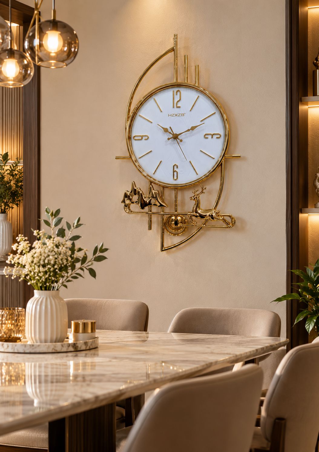 FunkyTradition Gold Reindeer & Mountain Pendulum Wall Clock – Luxury Designer Wall Clock with Glass Dial