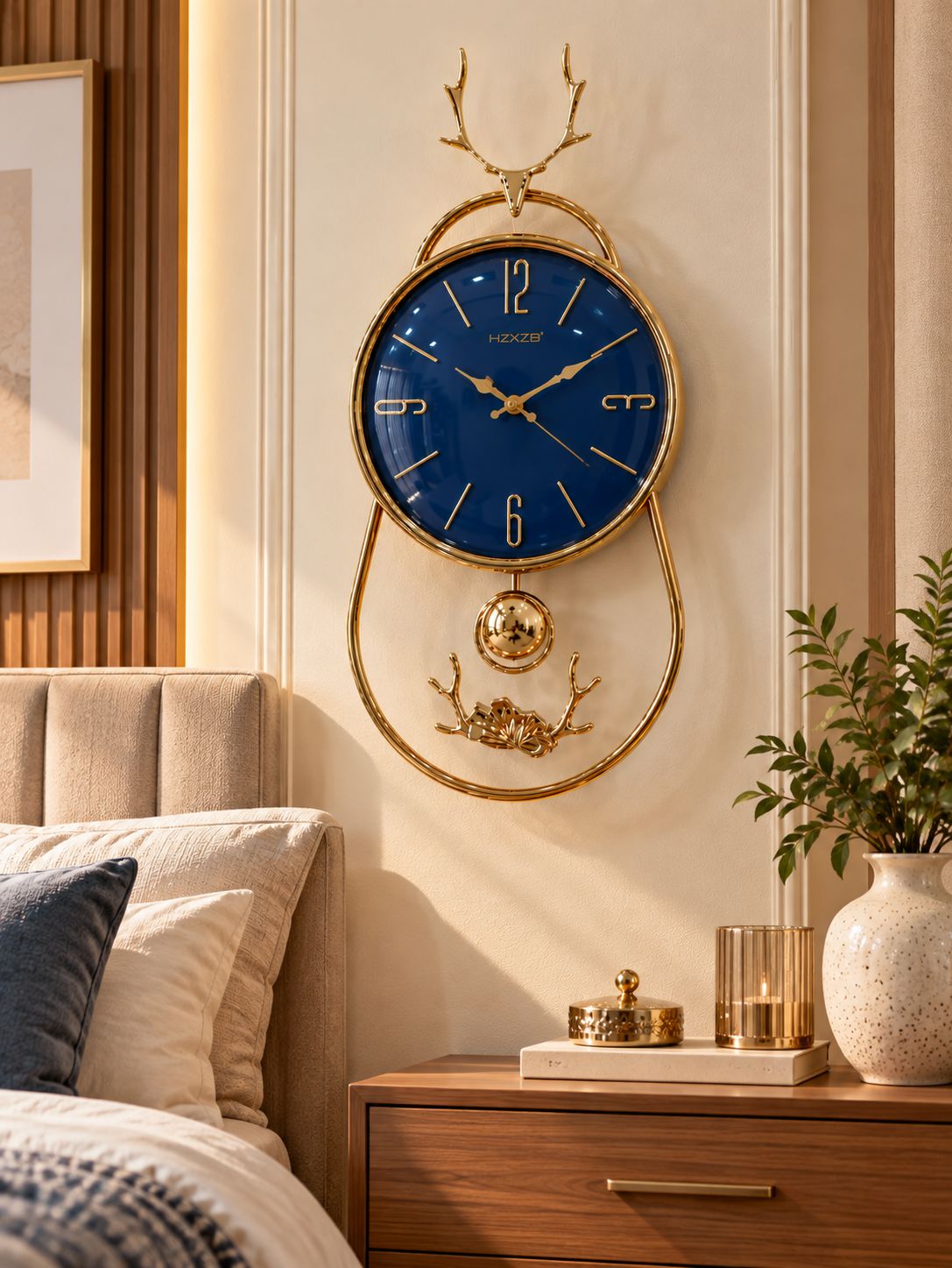 FunkyTradition Reindeer Pendulum Wall Clock – Gold Decorative Wall Clock with Working Pendulum | White, Blue & Green