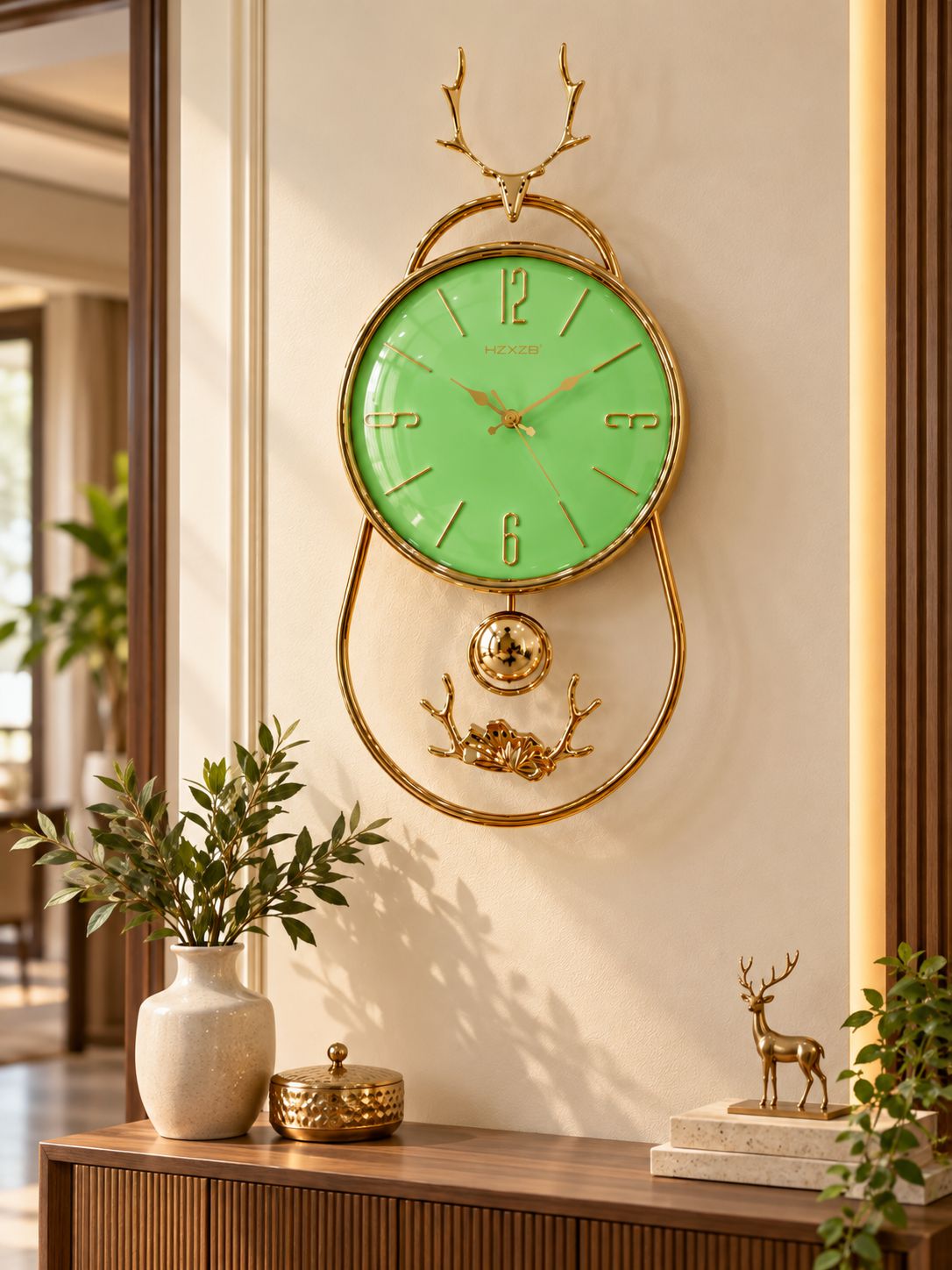 FunkyTradition Reindeer Pendulum Wall Clock – Gold Decorative Wall Clock with Working Pendulum | White, Blue & Green