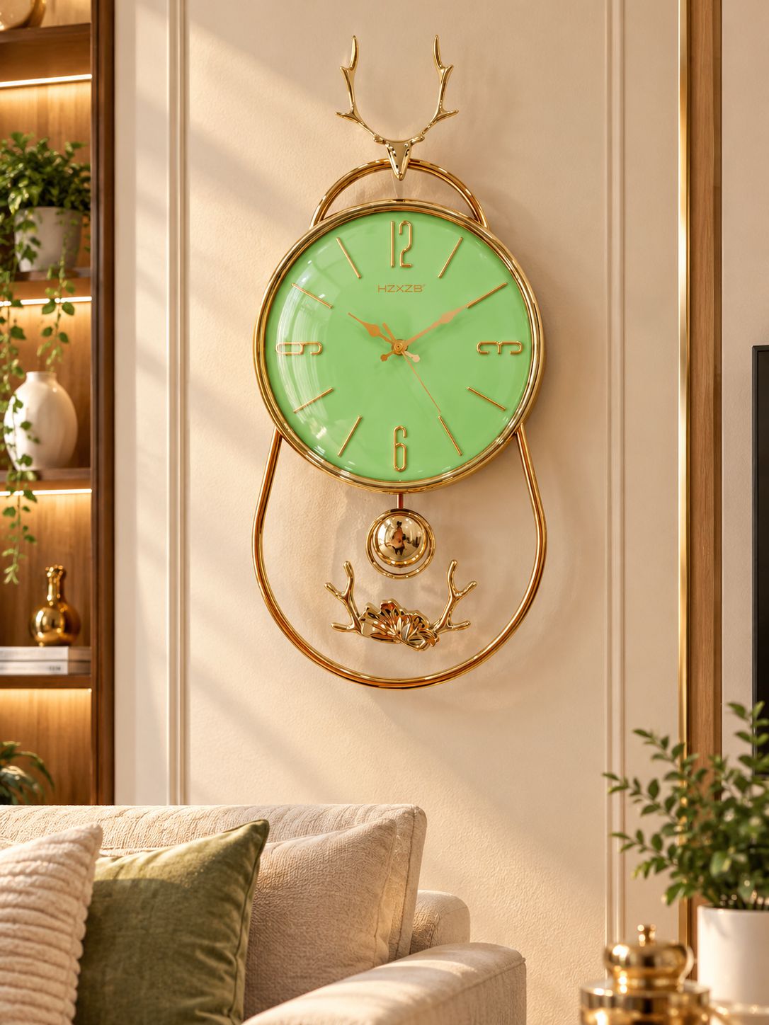 FunkyTradition Reindeer Pendulum Wall Clock – Gold Decorative Wall Clock with Working Pendulum | White, Blue & Green