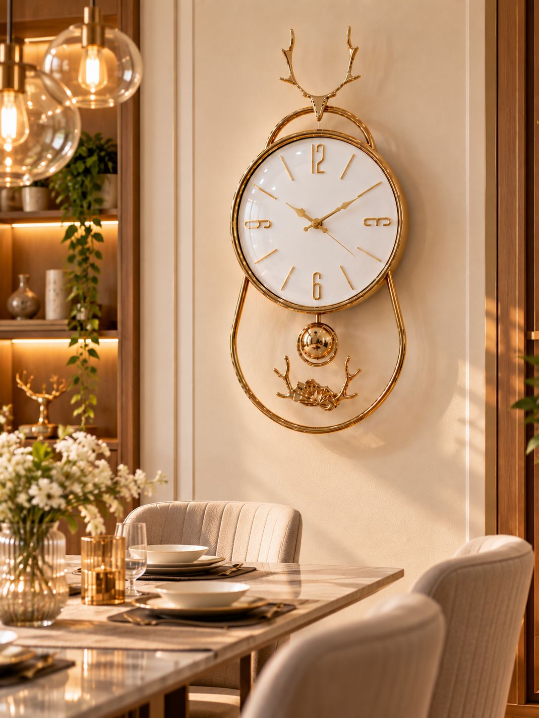FunkyTradition Reindeer Pendulum Wall Clock – Gold Decorative Wall Clock with Working Pendulum | White, Blue & Green