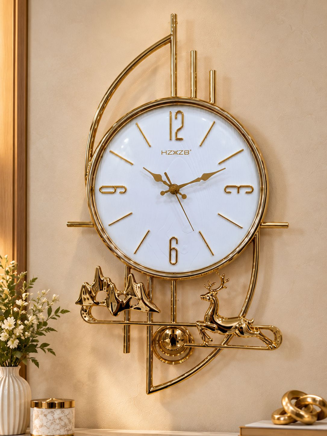 FunkyTradition Gold Reindeer & Mountain Pendulum Wall Clock – Luxury Designer Wall Clock with Glass Dial