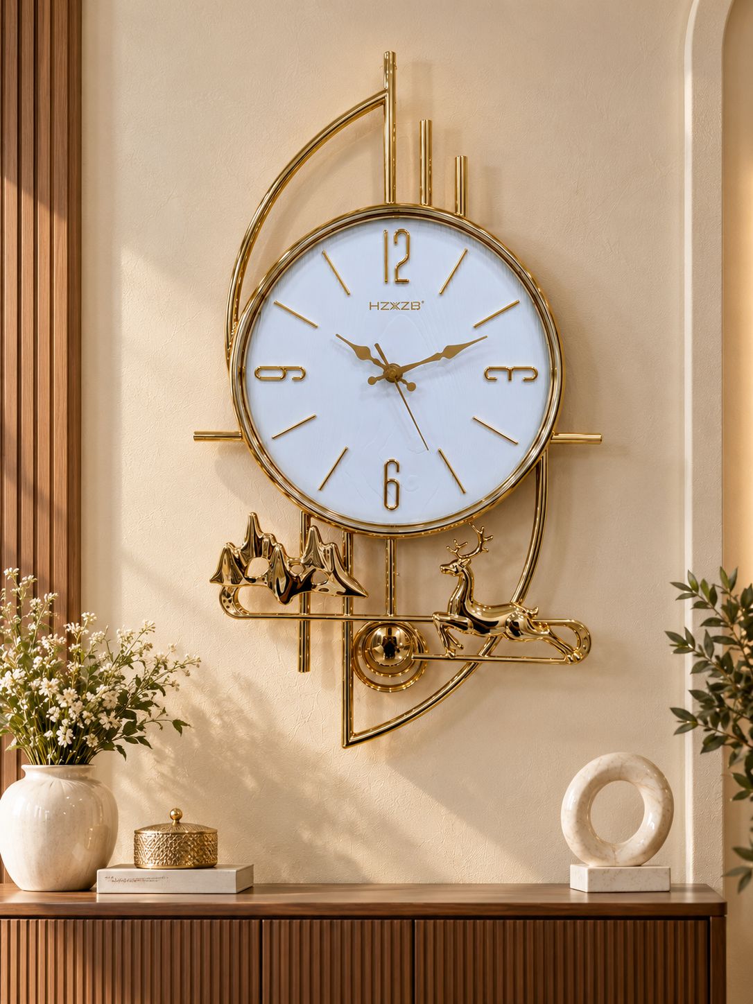 FunkyTradition Gold Reindeer & Mountain Pendulum Wall Clock – Luxury Designer Wall Clock with Glass Dial