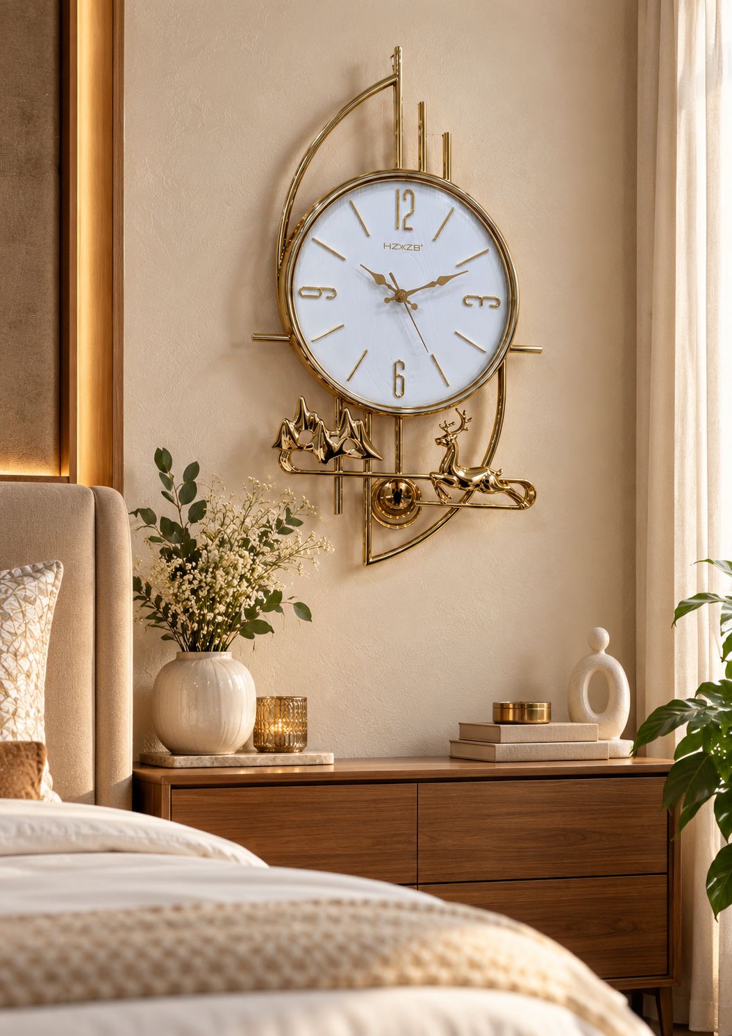FunkyTradition Gold Reindeer & Mountain Pendulum Wall Clock – Luxury Designer Wall Clock with Glass Dial