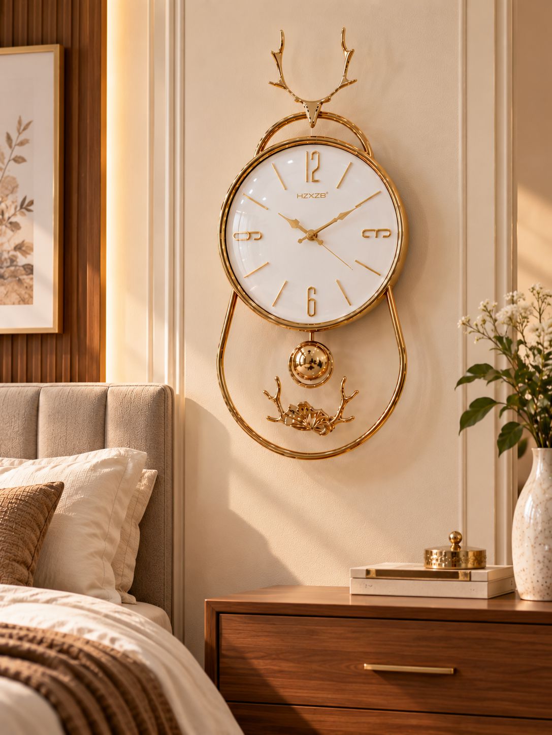 FunkyTradition Reindeer Pendulum Wall Clock – Gold Decorative Wall Clock with Working Pendulum | White, Blue & Green