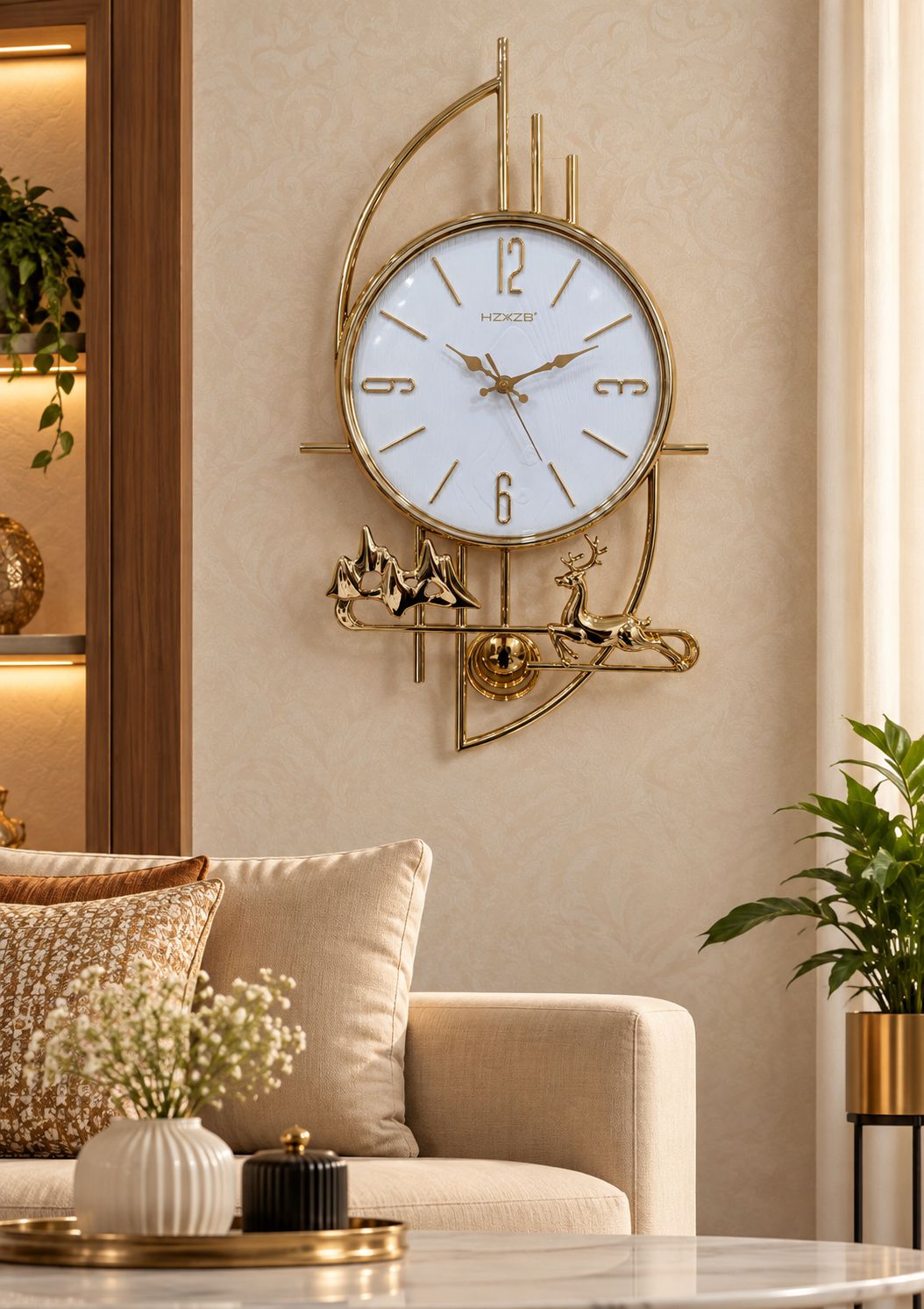 FunkyTradition Gold Reindeer & Mountain Pendulum Wall Clock – Luxury Designer Wall Clock with Glass Dial