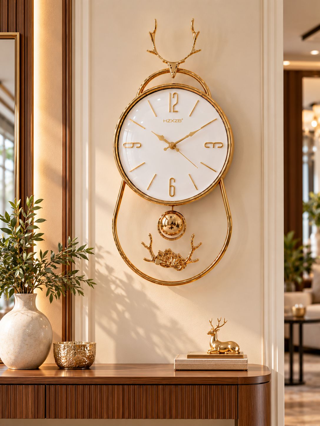 FunkyTradition Reindeer Pendulum Wall Clock – Gold Decorative Wall Clock with Working Pendulum | White, Blue & Green
