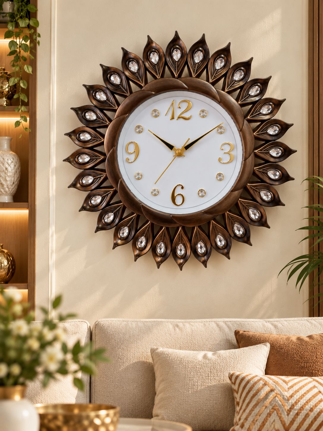 FunkyTradition Sun-Shaped Designer Wall Clock – Gold Decorative Clock with Crystal Details | Black, Golden, Rose Golden & Brown