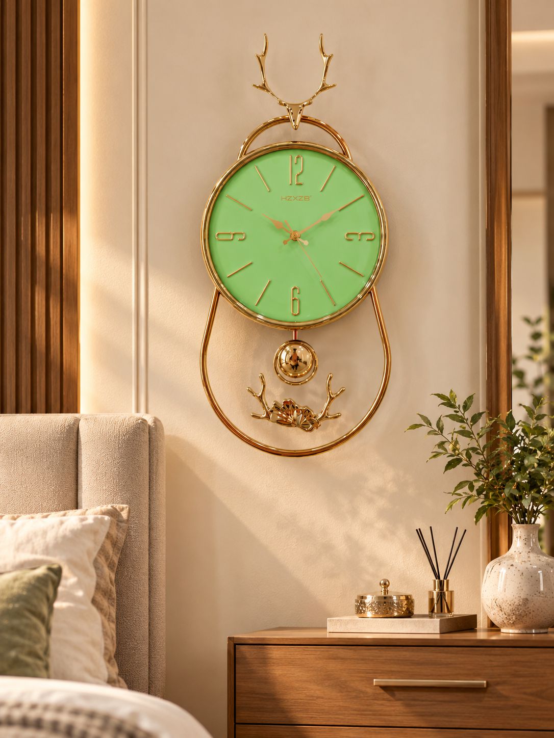 FunkyTradition Reindeer Pendulum Wall Clock – Gold Decorative Wall Clock with Working Pendulum | White, Blue & Green