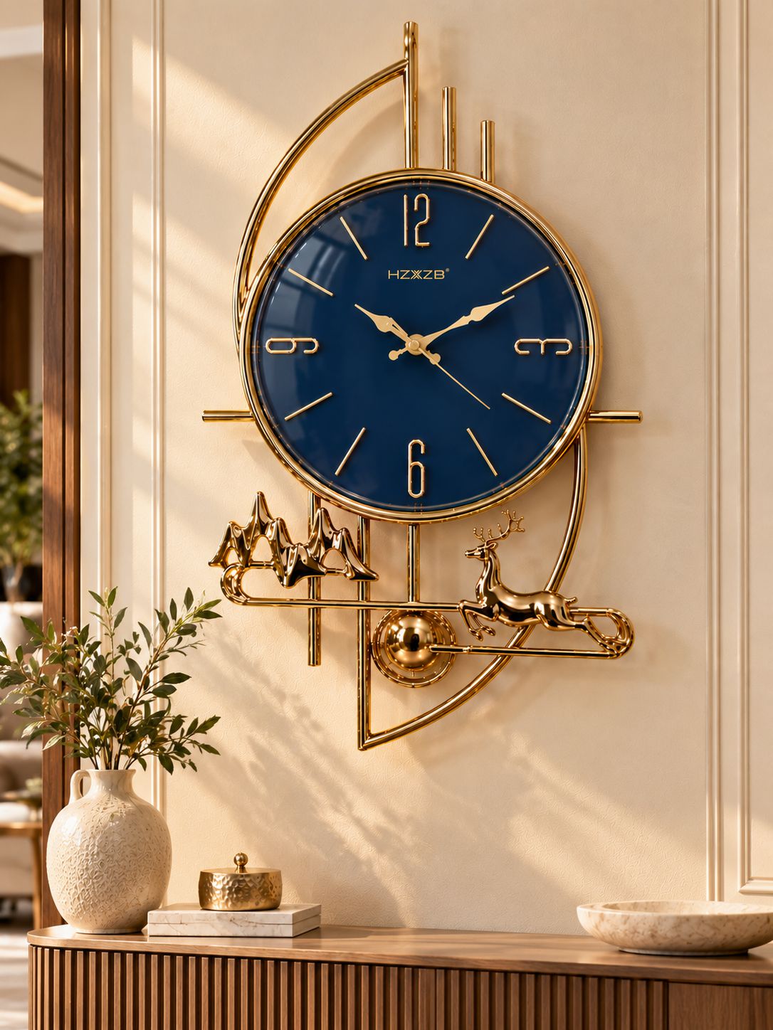 FunkyTradition Gold Reindeer & Mountain Pendulum Wall Clock – Luxury Designer Wall Clock with Glass Dial